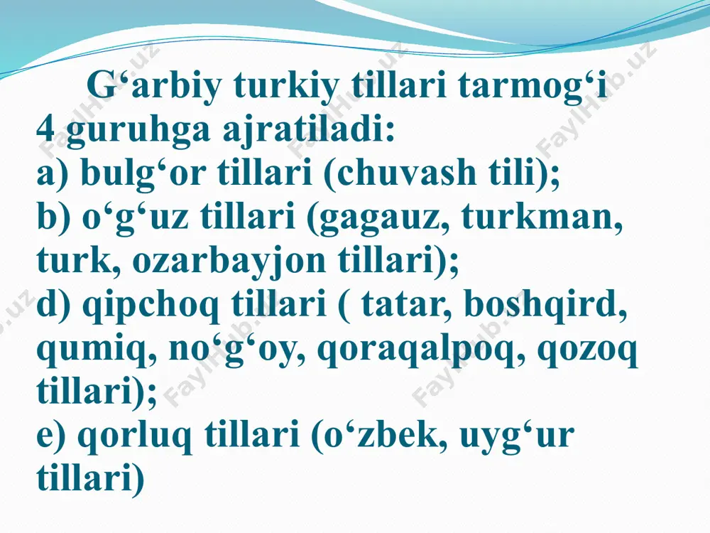 boyligi, grammatikada ro‘y bergan o‘zgarishlar tekshiriladi. 12. shevashunoslik (dialektologiya)da tildagi shevalar o‘rganiladi. 13. uslubiyat (stilistika)da nutq uslublari o‘rganiladi. 14. etimologiyada so‘zlarning paydo bo‘lish yo‘llari o‘rganiladi. 15. grafika bo‘limida har bir tilning harflar tizimi o‘rganiladi. 16. semasiologiya bo`limida so`z va gaplar ma’nosi o`rganiladi. e’tiboringiz uchun rahmat!!! /docprops/thumbnail.jpeg
