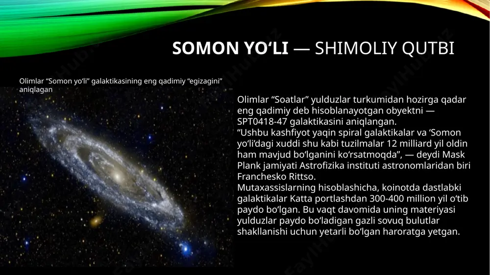 yli biz mavjudmiz va hayot biz bilganidek shakllangan. galaktikaning markazi sayyoramizdan 26.000 yorug'lik yili uzoqlikda joylashgan. ko'proq bo'lishi mumkinligi aniq emas, ammo somon yo'lining markazida kamida bitta supermassiv teshik joylashganligi ma'lum. qora tuynuk bizning galaktikamizning markaziga aylanadi va unga sagittarius a deb nom berilgan. bizning galaktikamiz shakllana boshladi taxminan 13.000 million yil oldin va mahalliy guruh deb nomlanuvchi 50 ta galaktika guruhining bir qismidir. olimlar galaktikaning eng aniq uch o‘lchamli xaritasini o‘rganib, somon yo‘lining chetlari siqilgan spiral shaklda birlashgan degan xulosaga keldi. bungacha somon yo‘li andromeda tumanligi kabi tekis «quymoq» shaklida deya hisoblab kelingan. biroq avstraliyalik va xitoylik olimlar galaktikaning eng aniq xaritasiga ko‘ra, somon yo‘li tekis «quymoq» shaklida emas, balki siqilgan «garmoshka» shaklida deb hisoblamoqda. olimlar 1300dan ziyod tsefeidlargacha (tsefeidlar – o‘zgaruvchan pulsar yulduzlari, ular yordamida uzoqdagi fazoviy jismlargacha masofani aniqlasa bo‘ladi) masofa o‘lchangan galaktika xaritasini yaratishdi. xarita yordamida somon yo‘lining haqiqiy shakli tasviri paydo bo‘lgan. tsefeidlar quyoshdan 100 …