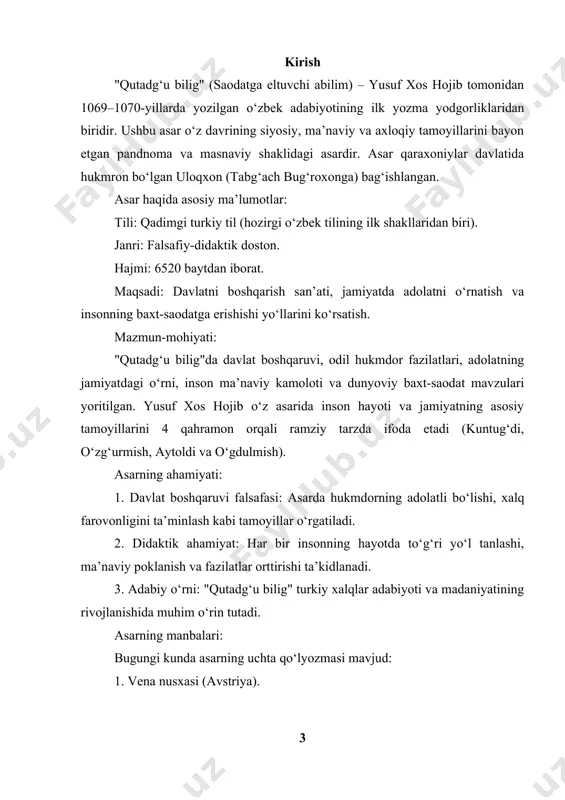 bir asar sifatida, jamiyatni shakllantirishda axloqiy me'yorlarning ahamiyatini ko‘rsatadi. asarda komil insonning shakllanishi va ezgulikning jamiyatda qo‘llanishi haqida berilgan g‘oyalar, hozirgi kunda ham odamlar orasida ijtimoiy adolat, hamjihatlik va tinchlikni ta'minlashda o‘z ahamiyatini yo‘qotmagan. bugungi kunda ijtimoiy muammolar va axloqiy inqirozlar ko‘plab jamiyatlarni o‘z ichiga olgan holda, zamonaviy yoshlar, siyosatchilar va ilm-fan sohasidagi vakillar uchun komil insonning va ezgulikning ahamiyatini tushunish muhimdir. „qutadgʻu bilig“ dostonidagi g‘oyalar nafaqat tarixiy qadriyatlar, balki hozirgi davrda ham zamonaviy axloqiy va ijtimoiy nuqtai nazardan yuksak ahamiyatga ega. asar, o‘zining axloqiy-psixologik va ma'naviy jihatlari bilan hozirgi jamiyatda adolat, tinchlik va boshqalar bilan o‘zaro hurmatni rivojlantirishda yordam beradi. shuningdek, bu asar turkiy xalqlarning o‘zaro madaniy aloqalarida, milliy o‘zlik va qadriyatlarni saqlashda ham dolzarb rol o‘ynaydi. kurs ishining dolzarbligi shundan iboratki, komil inson va ezgulik tushunchalarining asardagi ifodalanishi, nafaqat tarixiy, balki hozirgi zamon sharoitida ham ijtimoiy adolat, axloqiy yuksalish va jamiyatdagi ijtimoiy barqarorlikni ta'minlashda asosiy qadriyatlar sifatida qaraladi. …