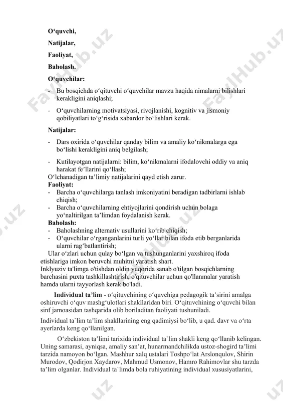 . o'quvchilar orasida xilma-xillilik kutiladigan va avvaldan unga tayyorgarlik ko'riladigan, o'quv dasturlari yoki darslarni tuzishda ularning ehtiyojlari hisobga olinadigan ta'lim shaklidir. bu faoliyat quyidagilarni oʻz ichiga oladi: oʻquvchi, natijalar, faoliyat, baholash. oʻquvchilar: · bu bosqichda oʻqituvchi oʻquvchilar mavzu haqida nimalarni bilishlari kerakligini aniqlashi; · oʻquvchilarning motivatsiyasi, rivojlanishi, kognitiv va jismoniy qobiliyatlari toʻgʻrisida xabardor boʻlishlari kerak. natijalar: · dars oxirida oʻquvchilar qanday bilim va amaliy koʻnikmalarga ega boʻlishi kerakligini aniq belgilash; · kutilayotgan natijalarni: bilim, koʻnikmalarni ifodalovchi oddiy va aniq harakat feʼllarini qoʻllash; oʻlchanadigan taʼlimiy natijalarini qayd etish zarur. faoliyat: · barcha oʻquvchilarga tanlash imkoniyatini beradigan tadbirlarni ishlab chiqish; · barcha oʻquvchilarning ehtiyojlarini qondirish uchun bolaga yoʻnaltirilgan taʼlimdan foydalanish kerak. baholash: · baholashning alternativ usullarini koʻrib chiqish; · oʻquvchilar oʻrganganlarini turli yoʻllar bilan ifoda etib berganlarida ularni ragʻbatlantirish; ular oʻzlari uchun qulay boʻlgan va tushunganlarini yaxshiroq ifoda etishlariga imkon beruvchi muhitni yaratish shart. inklyuziv ta'limga o'tishdan oldin yuqorida sanab o'tilgan bosqichlarning …