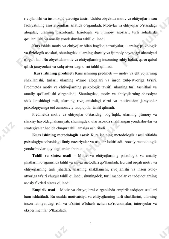 aspektlaridan yoritiladi. kurs ishining tuzilishi va xajmi : kirish, 4 bo‘lim, xulosa, foydalanilgan adabiyotlardan iborat. jami 30 tasahifadan tashkil topgan. asosiy qism 1. motivning ta'rifi va tushunchasi motiv — bu insonning maqsadga erishish uchun faoliyatga kirishishiga undovchi ichki ruhiy kuchdir. u insonning xulq-atvorini, qarorlarini va harakatlarini shakllantiradigan asosiy psixologik omildir. motivlar shaxsni muayyan maqsadga intilishga undaydi va uning faoliyatini boshqaradi. motivlar har doim o‘ziga xosdir va turli xil bo‘lishi mumkin: ichki va tashqi motivlar, ijtimoiy va shaxsiy motivlar, qisqa muddatli va uzoq muddatli motivlar. motivlar — bu insonning ehtiyojlarini qondirishga qaratilgan psixologik omillar bo‘lib, ularning mavjudligi yoki yo‘qligi faoliyatga kirishish uchun zarur bo‘lgan ichki kuchni yaratadi. motivlar ehtiyojlardan kelib chiqadi, chunki ehtiyojlar insonni harakatga keltiruvchi dastlabki signalni beradi. motivlar, ehtiyojlarni qondirish yo‘lida amalga oshirilgan harakatlar orqali kutilgan natijalarni olishga yordam beradi. motivlar odatda insonning ichki istaklari, qiziqishlari, qadriyatlari va shaxsiy maqsadlariga bog‘liq. ular ijtimoiy, shaxsiy va madaniy kontekstga qarab o‘zgarishi …