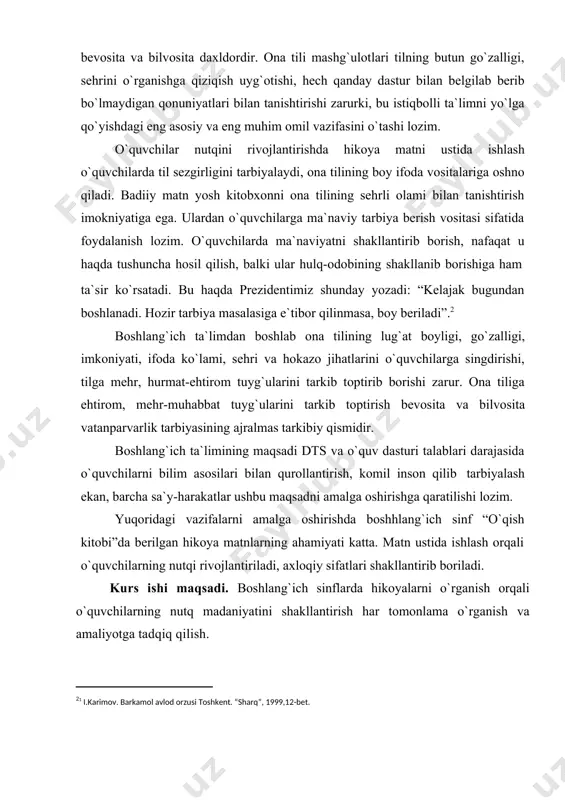arning nutq madaniyatini shakllantirishda yangi zamonaviy pedagogik texnologiyalardan foydalanish. 3. boshlang`ich sinflarda hikoyalarni o`rganish orqali o`quvchilarning nutq madaniyatini shakllantirish usullarini o`rganish vа tаhlil qilish. kurs ishining nazariy va amaliy ahamiyati. boshlang`ich sinflarda hikoyalarni o`rganish orqali o`quvchilarning nutq madaniyatini shakllantirish darslarini tashkil qilish va samarali o`tkazish yo`llari belgilandi. tadqiqot natijalaridan boshlang`ich sinf o`qituvchilari, shu yo`nalishda ta`lim olayotgan talabalar foydalanishi mumkin. kurs ishining tuzilishi. kirish, ii bob, 4 qism, xulosa va foydalanilgan adabiyotlardan ibora 1. i-bob. boshlang`ich sinf o`qish darslarida o`quvchilar nutqini o`stirish metodikasining nazariy ahamiyati 1.1. boshlang`ich sinf o`qish darslarida o`quvchilar nutqini o`stirish metodikasi o`zbek tiliga davlat tili maqomining berilishi yurtimizda davlat ishlarining, o`qish-o`qitish, ta`lim-tarbiya, targibot-tashviqot ishlarining shu tilda olib borilishi uchun juda katta imkoniyat yaratdi. tilga bo`lgan munosabat tubdan o`zgardi, uning barcha imkoniyatlarini o`rganish ishlari keng ko`lamda olib borilyapti. lekin, shuni ham eslash joizki, tilning ijtimoiy vazifasini bajarilish darajasini belgilovchi omillardan biri bo`lmish nutq madaniyati yetarli taraqqiy etmaganligi achinarli bir …