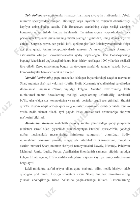 tning sipoligi bilan farqlanib turadi. g'ayrat kamolov pape-mashedan ishlangan qutichalar, upadonlar, bezakli taxtachalarni bevosita miniatura bilan bezaydi. rassom mavzu tanlashda ko'proq folklor ohanglariyu navoiy dostonlariga murojaat qiladi. g'ayrat kamolov ijodi rang-barang bo'lib, miniatura an'analarining ovro'po realistik rangtasvir usullari bilan birga qo'shib olib borilishi bilan ajralib turadi. toir boltaboyev miniaturalari mavzusi ham xalq rivoyatlari, afsonalari, o'zbek mumtoz she'riyatidan olingan. his-tuyg'ularga tayanish va romantik obrazli-hissiy kayfiyat uning ijodiga xosdir. toir boltaboyev asarlarining o'ziga xosligi ularning kompozitsiya qurilishida ko'zga tashlanadi. tasvirlanayotgan voqea-hodisalar va personajlar ko'pincha miniaturaning shartli olamiga sig'masdan, uning doirasini yorib chiqadi. sarg'ish, zarrin, och yashil, ko'k, qizil ranglar toir boltaboyev asarlarida o'ziga xos jilva qiladi. ayrim kompozitsiyalarda rassom o'z ustozi chingiz axmarov asarlaridan olingan «ko'chirmalar»dan ijodiy foydalangan. toir boltaboyevning bugungi izlanishlari qog'ozdagi'miniatura bilan ishlay boshlagan 1990-yillardan sezilarli farq qiladi. zero, rassomning bugun yaratayotgan asarlarida ranglar yanada boyib, kompozitsiyalar ham ancha erkin tus olgan. xurshid nazirovning pape-mashedan ishlagan buyumlaridagi naqshin mavzular sharq …