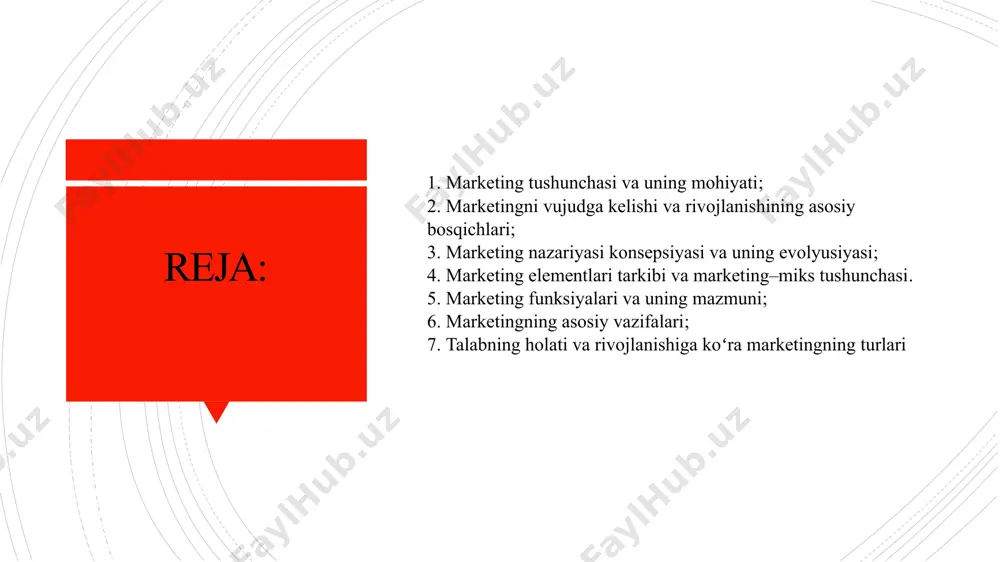 hish va ehtiyojini tovarlar va xizmatlarni erkin raqobatli ayirboshlashni ta'minlash yoʻli orqali qondirishga yoʻnaltirilgan ijtimoiy jarayondir», «marketing – bu bir vaqtning oʻzida biznes falsafasi va faol jarayondir». igor mann fikricha, “marketingning asosiy vazifasi – bu mijozlarni oʻzlashtirish va ushlab qolishdir. nuqta” deb koʻrsatgan. sharl degol esa, “har doim eng qiyin yoʻlni tanlang – unda siz raqobatchilarni uchratmaysiz” degan fikrni ilgari surgan. zinov davidov esa, “men hech qachon marketing bilan shugʻullanmaganman. men faqat oʻz mijozlarimni yaxshi koʻrganman” degan fikrni bildirgan. a.soliev fikricha, marketing falsafasi talablari shundan iboratki, tadbirkorlik faoliyati yoki biznes hatti – harakatini faqat iste'molchiga qaratish lozim. marketingni asosiy kategoriyalari, uning tushunchasi, mohiyatini aniqlashga imkon beradi. muhtojlik – kishini biron bir narsani etishmasligini his etishidir. ehtiyoj – individ shaxsning madaniy darajasiga asosan maxsus shaklga muhtojlikdir. talab – bu xarid quvvatiga ega boʻlgan ehtiyoj. talab – mavjud, potensial hamda xohish talabiga boʻlinadi. tovar – bu ehtiyojni yoki muhtojlikni qondira oladigan hamda …