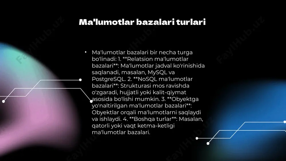 ga. nosql ma'lumotlar bazalari katta ma'lumotlar bilan ishlashda va tezkor ma'lumot o'qish talablariga javob berishda afzalliklarni taklif etadi. ma'lumotlarni boshqarish jarayonidagi asosiy qadamlar ma'lumotlarni yig'ish ma'lumotlarni yig'ish jarayoni, turli manbalardan ma'lumotlarni to'plashni o'z ichiga oladi. bu jarayonda anketalar, intervyular va avtomatik tizimlar orqali ma'lumotlar yig'iladi. ma'lumotlarni tozalash yig'ilgan ma'lumotlar ko'pincha noaniq yoki noto'g'ri bo'lishi mumkin. ma'lumotlarni tozalash jarayoni, xatolarning aniqlanishi va tuzatilishini ta'minlaydi, shuningdek, takroriy ma'lumotlarni olib tashlaydi. ma'lumotlarni saqlash ma'lumotlarni saqlash, yig'ilgan va tozalanadigan ma'lumotlarni xavfsiz joyda saqlashni o'z ichiga oladi. buning uchun bulutli saqlash tizimlari yoki lokal bazalar ishlatiladi. ma'lumotlarni tahlil qilish tahlil qilish jarayoni, ma'lumotlardan foydali bilimlarni olish uchun statistik va analitik usullarni qo'llashni nazarda tutadi. bu jarayon, qaror qabul qilishda yordam beradi. kelajakdagi ma'lumotlar bazalari tendensiyalari kelajakdagi ma'lumotlar bazalari tendensiyalari asosan uchta asosiy yo'nalishda rivojlanmoqda: bulutli texnologiyalar, sun'iy intellekt va mashinani o'rganish. bulutli texnologiyalar ma'lumotlarni saqlash va ularga kirishni osonlashtiradi, bu esa tashkilotlarga tez va samarali …