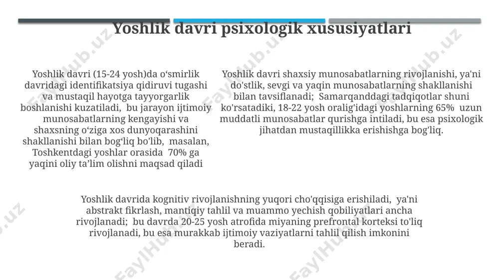 nglash va mustaqillikka intilish kuchayib, shaxsiy xususiyatlarning shakllanishi tezlashadi, bu davrda ijtimoiy normalarni o'zlashtirish muhim ahamiyat kasb etadi. samarqand viloyatida o'tkazilgan tadqiqotlar shuni ko'rsatdiki, 2-3 yoshli bolalarda takrorlash va taqlid qilish orqali nutq rivojlanishi kuzatiladi, lug'at boyligi 500-1000 so'zga yetadi. e'tiboringiz uchun rahmat @taqdimot_robot image1.jpeg