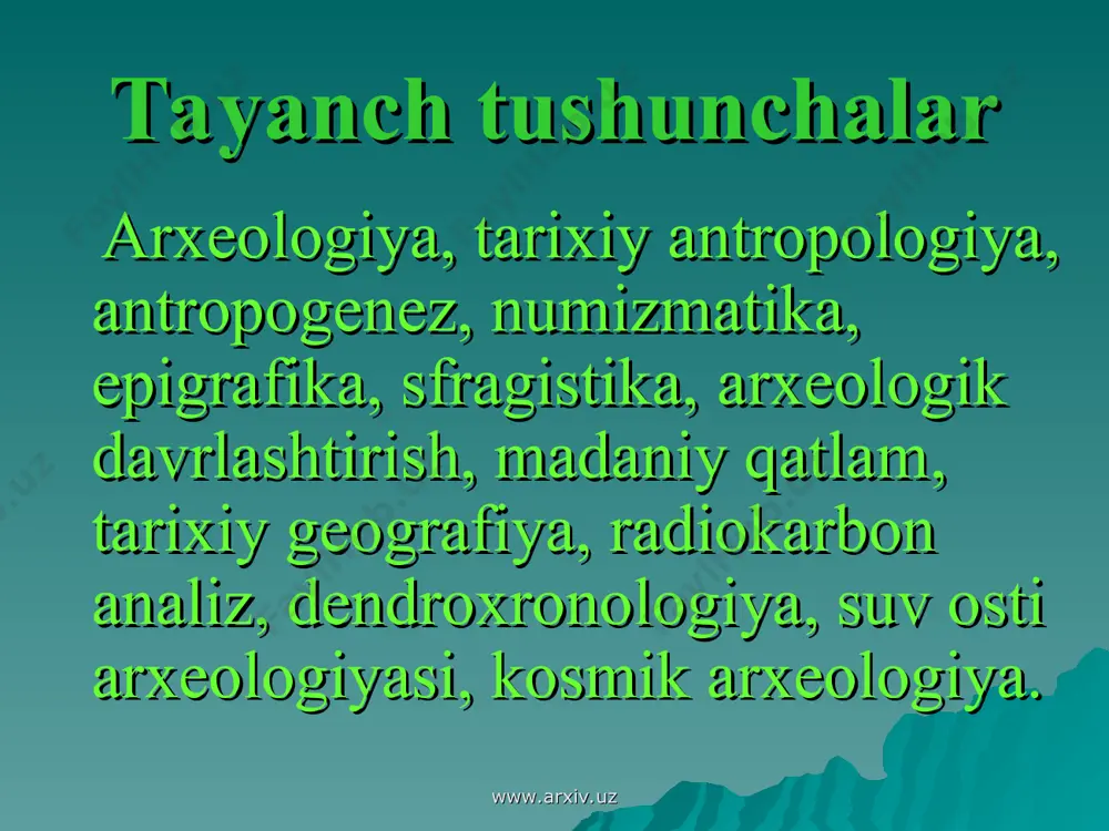 lar www.arxiv.uz www.arxiv.uz 1940 yilda o’rta osiyo davlat universitetining tarix fakulteti bazasida m.ye. massonning tashabbusi bilan o’rta osiyo arxeologiyasi kafedrasi tashkil etiladi www.arxiv.uz www.arxiv.uz kafedra bazasida 1963 yilda qashqadaryo vohasining yuqori qismini tadqiq etish uchun kesh arxeologik-topografik ekspeditsiyasi tashkil etiladi www.arxiv.uz www.arxiv.uz 1970 yilda o’zr fa arxeologiya institutining tashkil etilishi arxeologik tadqiqotlarning ko’lamini yanada kengaytirdi www.arxiv.uz www.arxiv.uz 2001 yil 24 oktabrda termiz arxeologiya muzeyi termiz shahrining 2500 yilligi munosabati bilan (2 aprel 2002 yil) tashkil etildi. ushbu muzey o’rta osiyodagi yagona mutaxassislashtirilgan muzey hisoblanadi www.arxiv.uz www.arxiv.uz www.arxiv.uz www.arxiv.uz www.arxiv.uz www.arxiv.uz 2. arxeologiya fanining maqsadi va vazifalari arxelogiya fani yer qa`rida tepaliklar shaklida bizni davrimizgacha saqlanib qolgan shahar va qishloqlarni, tog`lardagi g`or makonlarni arxeologik tadqiqotlar yordamida o`rganadi. arxeologiya fanining asosiy maqsadi - arxeologik yodgorliklarni o`rganish asosida insoniyat tomonidan yaratilgan moddiy madaniyat yutuqlarining uzviy taraqiyot jarayonini aniqlash va ilmiy xuloslar berish. www.arxiv.uz www.arxiv.uz arxeologiya fanining vazifalari: 1. insoniyat tomonidan yaratilgan moddiy-madaniyatning paydo …