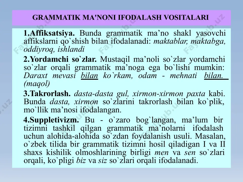 + + + + + ruslar + + + + + + + so’zlarni turkumlarga ajratish tamoyillari leksik-semantik tamoyil morfologik tamoyil tamoyillar sintaktik tamoyil so’zlarni turkumlarga ajratishning leksik-semantik tamoyili so’zlar lug’aviy ma’no ifodalaydi: odam – (kim?) ongli mavudot; sariq – (qanday?) rang; olti – (qancha?) miqdor; kelmoq – (nima qilmoq?) harakat; sekin – (qanday) holat. so’zlar biror tushunchaga ishora qiladi: men – so’zlovchi; sen – tinglovchi; necha – miqdorga ishora; bu – ko’rsatish; so’zlar lug’aviy ma’no ifodalamaydi: va, bilan, uchun, hatto, eh, gurs, ehtimol; so’zlarni turkumlarga ajratishning morfologik tamoyili so’zlar morfologik jihatdan o’zgarish xususiyatiga ega: uy – uylar – uylari – uylariga; so’zlar morfologik jihatdan o’zgarish xususiyatiga ega emas: sakkiz, o’n, biroq, chunki, kabi, voy, qars- qurs; so’zlarni turkumlarga ajratishning sintaktik tamoyili so’zlar gapdagi boshqa so’zlar bilan aloqaga kirishadi va gap bo’lagi vazifasini bajaradi: salim bugun ukasiga beshta daftar oldi. so’zlar gapdagi boshqa so’zlar bilan aloqaga kirishmaydi va gap bo’lagi …