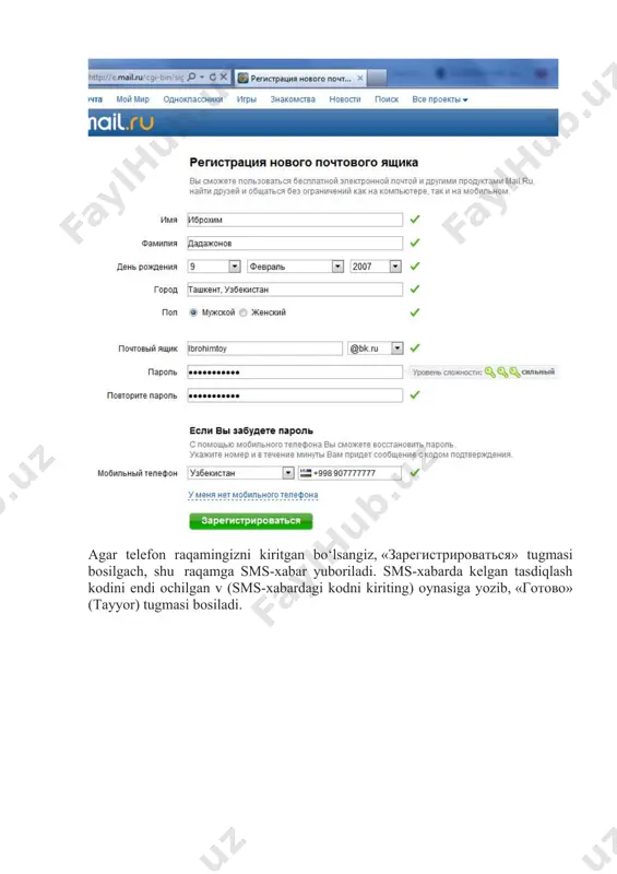 ing uchun отправить файл > 20 mb degan havolani va uning yonidagi “настроить” havolasini bosiladi. xatga fayl qo‘shib yuborish uchun прикрепить файл (fayl biriktirish) tugmasi bossangiz, kerakli faylni ko‘rsatish oynasi ochiladi. bu erdan yubormoqchi bo‘lgan faylingizni ko‘rsatib, открыть (ochish) tugmasini bosasiz. faylning katta-kichikligi va internetga ulanish tezligiga qarab, fayl biriktirishga bir necha soniya yoki daqiqa ketadi. fayl biriktirilgach, uning yonida yashil belgi paydo bo‘ladi. endi xatni yuborish mumkin. xatni yuborish uchun отправить (yuborilsin) tugmasi bosiladi. agar xatni keyinroq yubormoqchi bo‘lsangiz, uni saqlab qo‘yish mumkin. buning uchun сохранить (saqlab qo‘yilsin) tugmasini bosasiz. yozayotgan xatni bekor qilish uchun отмена (inkor) tugmasi bosiladi. xat jo‘nab ketgach, ваше письмо отправлено! (xatingiz yuborildi!) yozuvi paydo bo‘ladi. 1. yuborilgan xatlar ro‘yxati отправленные (yuborilganlar) bo‘limida turadi. bu bo‘limga ham chap tomondagi menyudan kiriladi. черновики (xomaki nusxalar) bo‘limida saqlab qo‘yilgan xatlar ro‘yxati turadi. спам bo‘limida elektron pochtangizga kelgan va spam deb hisoblangan xatlar saqlanadi. ularning spam yoki spam …