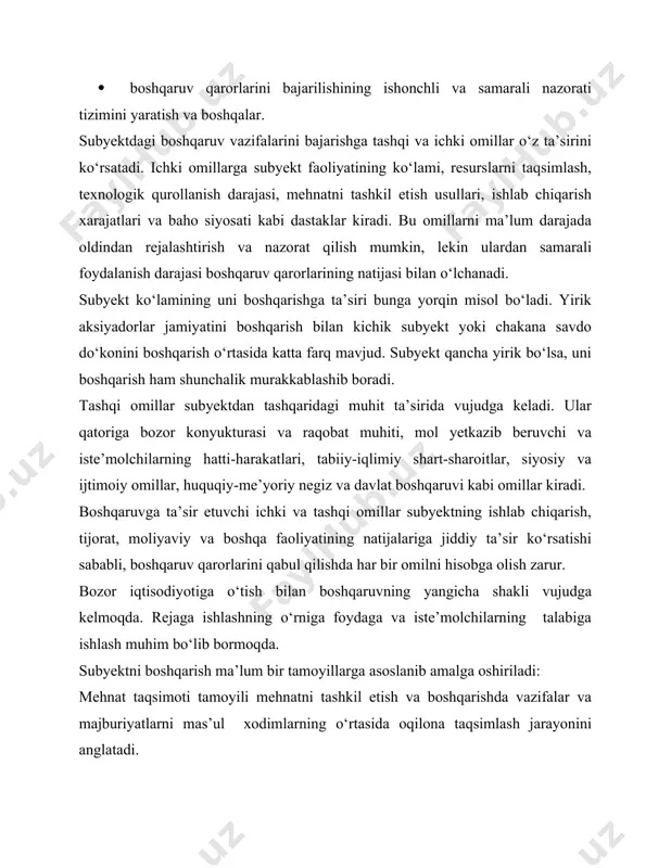 ga imkon bersa, majburiyat uning natijalari uchun javobgarlik tamoyilini belgilab beradi. intizom subyektning xodimlari va ishchilarning belgilangan mehnat tartibi va qoidalarga so‘zsiz rioya etishini va hurmat bilan yondoshishini talab etadi. boshqaruvda yakkaboshchilik va kollegiallik. yakkaboshchilik tamoyili subyekt xodimlarining yagona rahbarning buyruqlariga qat’iy bo‘ysunushini talab qiladi. bu tamoyilni amalga oshirishning asosiy sharti har bir ijrochining xuquqlari, burchi va majburiyatlarini qat’iy belgilab qo‘yishdir. yakkaboshchilikni kollegiallik, ya’ni qabul qilinadigan qarorlarda mutaxassislar va xodimlarning keng ishtirokini ta’minlash qo‘shib olib borish mumkin. demokratiya va oshkoralik har bir xodimning tashabbuskorligiga, o‘z qobiliyatlarini namoyon qilishiga va boshqaruv qarorlarini qabul qilishda faol qatnashishiga imkoniyat yaratadi. maqsadning yagonaligi tamoyili subyektdagi barcha boshqaruv xodimlari, mutaxassislar va ishchilarning yagona maqsad va vazifalar yo‘lida birlashishining zaruriyatini yuzaga keltiradi. shaxsiy manfaatlar bilan subyektning manfaatlarini qo‘shib olib borish. subyektning har bir xodimi o‘z shaxsiy manfaati yo‘lida qattiq mehnat qilish bilan birga, o‘z manfaatlarini subyektning manfaatlaridan ustun qo‘ymasligi lozim. shu bilan birga menejerlarning subyekt manfaatlarini …