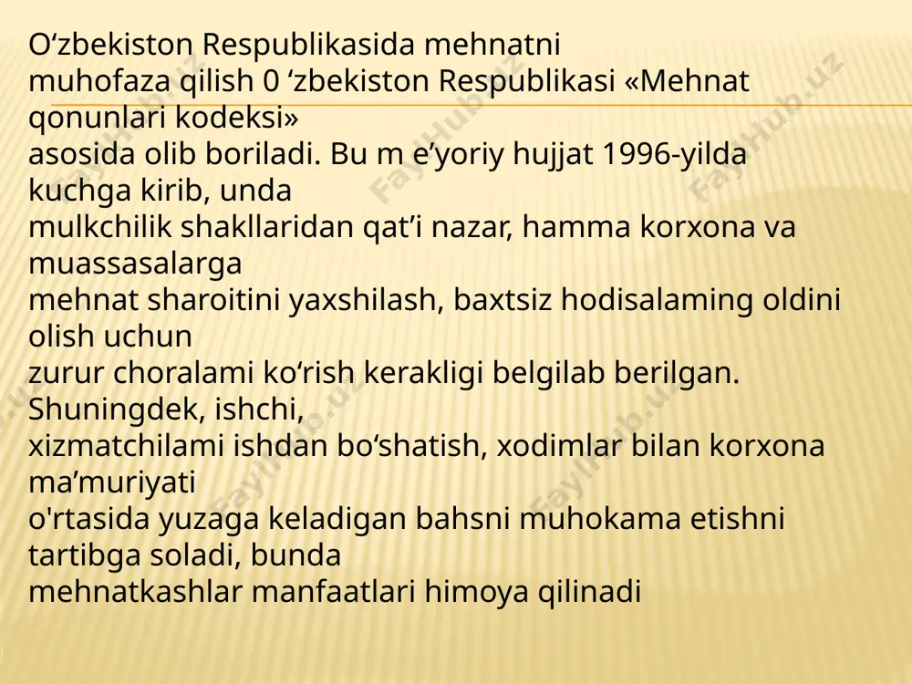 rning oldini olishga qaratilgan chora-tadbirlar. kasb kasalliklarini kamaytiradigan chora-tadbirlar. ish sharoitini yaxshilashga qaratilgan chora-tadbirlar ma’lumki, ishlab chiqarish korxona rahbarlarini, ishchilami o ‘z ishlariga sovuqqonlik, loqaydlik bilan qarashlari oqibatida mehnat xavfsizligi tartib qoidalari buzilib, baxtsiz hodisalar ro‘y beradi. baxtsiz hodisaning og‘ir-yengilligi va oqibatlariga qarab 4 xil javobgarlik choratadbirlari belgilangan: ular quyidagicha turlarga bo‘linadi : 1. intizomiy javobgarlik: bunda korxonada ishlab chiqilgan sog‘lom va xavfsiz mehnat sharoitlarinmg buzilishi oqibatida ish rejasining buzilishiga, kasallik, baxtsiz hodisa, zaharlanish va boshqa salbiy hodisalar ro‘y berishi mumkin. ular uchun intizomiy javobgarlik ta’sis etilgan. bu javobgarlik ishchilar uchun: ogohlantirish, xayfsan e ’lon qilish, 3 oy muddat bilan past oylik yoki past lavozimli ishga o ‘tkazish, ishdan bo‘shatish javobgarligi qo‘llaniladi. rahbar shaxslar uchun: ogohlantirish, hayfsan e ’lon qilish, bir yilgacha lavozimni pasaytirish, ishdan bo‘shatish javobgarligi qo‘llani!adi. 2. ma’muriy javobgarlik. bunday javobgarlik asosan mansabdor shaxslarga nisbatan qoilaniladi va u 3 turda belgilanishi mumkin: - axloqiy xarakterdagi javobgarlik (ogohlantirish, tanbeh); …