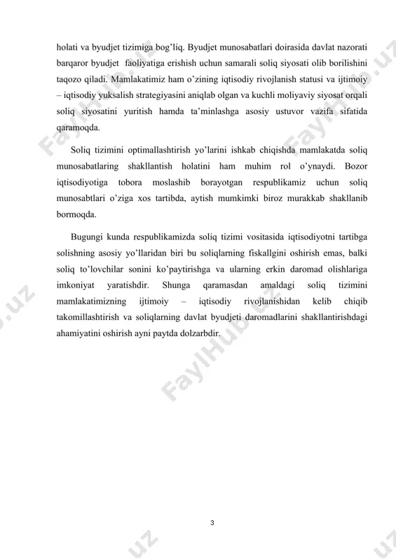 lay soliq muhitini yaratish soliq mexanizmi alohida ahamiyat kasb etadi . soliq mexanizmi davlat tomonidan soliq munosabatlarini tashkil etish uchun qo’llaniladigan soliqqa tortish jarayonining elementlari va ularni boshqarishning yig’indisini ifodalaydi. ya’ni soliq mexanizmi soliq munosabatlarini tashkil qilish usullari yig’indisi bo’lib , iqtisodiy va ijtimoiy rivojlanishda qulay sharoitlar yaratish maqsadida davlat tomonidan ishlab chiqiladi. davlat byudjeti davlatning yirik markazlashgan pul fondi bo’lib , davlatning funksiyalarini bajarishga asoslangan iqtisodiy kategoriya hisoblanadi. iqtisodiy abadiyotlarda ko’pchilik yetakchi iqtisodchi – olimlar tomonidan davlat budjetini davlatning yirik markazlashgan pul fondi va asosiy moliya kategoriyasi ekanligini qayd etadi. byudjet “g’azna” degan ma’noni bildirib , bu davlat va mahalliy o’z – o’zini boshqarish vazifalari va funksiyalarini moiyaviy ta’minlash uchun mo’ljallangan pul mag’lablari jamga’rmalarini to’plash va sarflash shaklidir . g’azna so’zi mohiyati ham davlatning qo’lida markazlashtirilgan pul jamg’armalarining tashkil etilishi va davlatning siyosatini amalga oshirish bilan bog’liq xarajatlar yuzasidan pul munosabatlarini bildiradi . davlat byudjeti moliya tizimi hamda davlat …