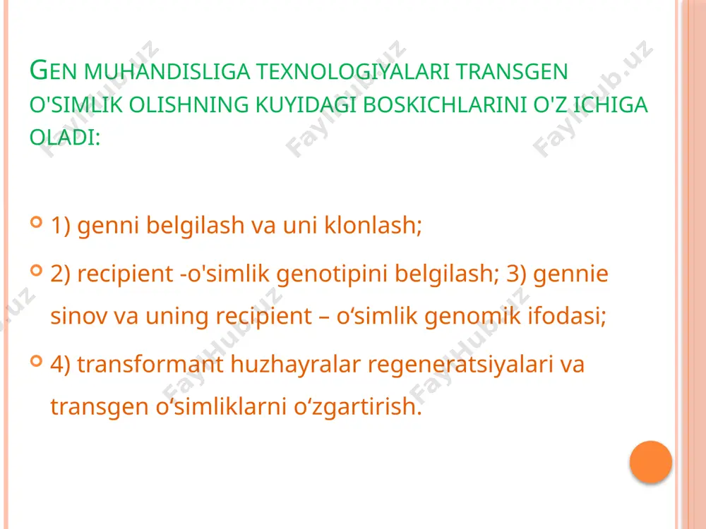 rning polylisinli shisha epishtirish usullari ishlab chikilganligi qator technician qiinchiliklarni bartaraf etishni birdie. vector tipiga boglik bulmagan uolda o'simlik protoplastlari transformationsi 10-15% dan oshmaydi, u ikki pallali o'simliclar uchun ham bir pallalilar uchun ham bir hilda paydo bo'ladi. o'simliklar transformatsiyasining tadqiqoti o'simliklar transformatsiyalari vektorlari tarkibiga funksional gendan tashkari selektiv nishon genlari qiradi bu gen antibioticlar kanamycin (prtii -geni) yoki hygromycin (prtii-geni) ga boylik genlarini kodirlaydi, shuning uchun transgen o'simliclarni daslabki tanlov ishlarini tegishli antibiotiklar saklovchi ozika muhitlarida olib boriladi. bundai muhitda genom tarkibida selektiv nishon geni bulgan o'simliklargina regeneratsiya kila oladi. adabiyotlar 1.ortiqova r.m., murodova s.s. qishloq xoʻjalik biotexnologiyasi toshkent “fan va texnologiya” nashriyoti, 2010 y. 2.biotexnologiya: darslik. universitetlar uchun qo'llanma. 8 ta kitobda / ostida. ed. n.s.egorova, v.d. m.: oliy maktab, 1997. – 228 b. 3. sheveluxa v.s. va boshk. qishloq xo'jaligi biotexnologiyasi. m.1999 4. bernard r. jek j, pasternak molekulyar biotexnologiya vashington 2010, p.1020 1. www.molbio.ru 2. www.biotech.com …
