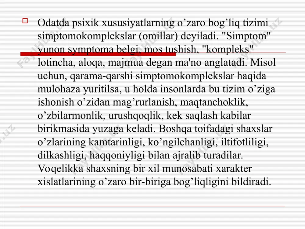 ogik buzilishlarga va shaxs xulq-atvorining o’zgarishlariga, psixopatiyaga olib borishi (xarakter shaxsning adekvat ijtimoiy adaptasiyaga to’sqinlik qiluvchi va amalda takrorlanmaydigan patologiyasi, garchi to’g’ri davolash sharoitlarida ba'zi tuzatishlarga berilsa ham) mumkin, lekin uni patologiyaga oid deb hisoblash noo’rindir. xarakterning aksentuatsiyasi (ortiqcha urg’u berilishi) turlarini tasniflash ancha murakkablik tug’diradi va har xil nomenklaturasi bo’yicha bir-biriga mos kelmaydi. (k.leongard, a.lichko). lekin aksentuatsiyalashgan xususiyatlarning tavsifi ma'lum darajada bir xil bo’lib qoladi. bu har ikkala tasnif sxemalaridan muvaffaqiyatli terminlarni olib va bunda psixiatrik terminologiya ("shizofreniya xususiyatlaqi", "epilepsiya" xususiyatlari va hokazo) bilan to’g’ridan- to’g’ri o’xshashlik bo’lishidan qochgan holda ortiqcha urg’u beriladigan xususiyatlar ro’yxatini keltirish imkoniyatini beradi. xarakterni ortiqcha urg’u berilgan holda baholash psixiatrning emas, balki pedagogning diqqatini jalb qilishini taqozo etadi, garchi aksentuatsiya muammosining o’rtacha qo’yilishi tarixi psixiatriya va psixonevrologiyaga borib taqalganda ham shunday hisoblanadi. nemis psixiatri k.leongard fikricha, 20-50% kishilarda ba'zi xarakter xususiyatlari shu darajada kuchliki, ba'zan bir xil tipdagi ziddiyat va hissiy portlashlarga olib kelishi …
