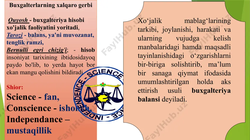 ajatlari va to‘lovlari uchun zaxiralar (8900) i bo‘lim bo‘yicha jami (satr. ) 480 21 ii. мажбуриятлар узоқ муддатли мажбуриятлар, жами (сатр.500+520+...+590) 490 шу жумладан: узоқ мудд кредиторлик қарзлари 491 мол етказиб берувчи ва пудратчига узоқ муддатли қарз (7000) 500 ажратилган бўлинмаларга узоқ мудд қарз (7110) 510 шўъба ва қарам хўжалик жамиятга узоқ муддатли қарз (7120) 520 жорий мажбуриятлар, жами (610+630+...+760 600 мол етказиб берувчилар ва пудратчиларга қарз (6000) 610 ажратилган бўлинмаларга қарз (6110) 620 шўъба ва қарам хўжалик жамиятларга қарз (6120) 630 кечиктирилган даромадлар (6210, 6220, 6230) 640 солиқ ва бошқа мажбурий тўловлар бўйича кечиктирилган мажбуриятлар (6240) 650 770+490 780 22 4. buxgalteriya balansidagi o‘zgarishlar balansidagi o‘zgarishlar а+х3-х4=п а=п+х4-х4 а+х1=п+х1 а-х2=п-х2 ko‘payish va kamayish aktiv tomonda kuzatiladi ko‘payish va kamayish passiv tomonda kuzatiladi aktiv tamon ham passiv tomon ham ortadi aktiv tomon ham passiv tomon ham kamayadi balans summasi o‘zgarmaydi balans summasi o‘zgarmaydi balans summasi ortadi balans summasi kamayadi birinchi …