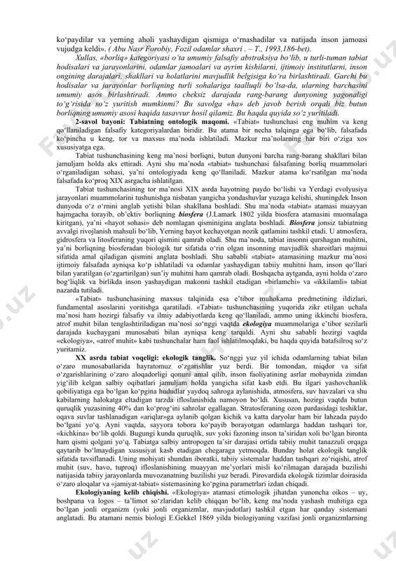 y u haqda gapirilayotgan, ya’ni u muayyan narsa sifatida fikrlanayotgan bo‘lsa, bu narsa ongda mavjud bo‘ladi va o‘zining «ikkinchi» borlig‘ini saqlaydi, ayni holda u dastlabki ob’ektning nusxasi, ideal obraz bo‘lib qoladi. shunday qilib, borliq falsafiy kategoriya sifatida dunyoni uning butun rang-barangligi va turli-tuman namoyon bo‘lish shakllari bilan yaxlit aks ettirish imkonini beradi. borliq – olamdagi barcha moddiy va ideal, ob’ektiv va sub’ektiv tarzdagi mavjud narsa va hodisalarni ifodalovchi falsafiy kategoriyadir. bunda narsalar, predmetlar, hodisalar o‘z xususiyatlari, xossalari bilan jamuljam holda aks etadi. dunyoni va uning tarkibiy qismi bo‘lmish insonni bilish yo‘lidagi bu muhim qadam bilan dunyoning tabiati va mohiyati, uning rang-barangligi, turli darajalari, ko‘rsatkichlari, shakllari, xususiyatlari va hokazolar haqidagi mulohazalarning asosiy koordinatalar sistemasi belgilanadi. buning uchun mohiyat, hodisa, substansiya, materiya, ong, makon, vaqt, qonun kabi yangi falsafiy kategoriyalar muomalaga kiritiladi. borliq kategoriyasining falsafiy mohiyati quyidagi jihatlari bilan tavsiflanadi: 1.borliqning doimiy va abadiy mavjudligi, undagi narsalar va hodisalar esa o‘tkinchiligi; 2. …