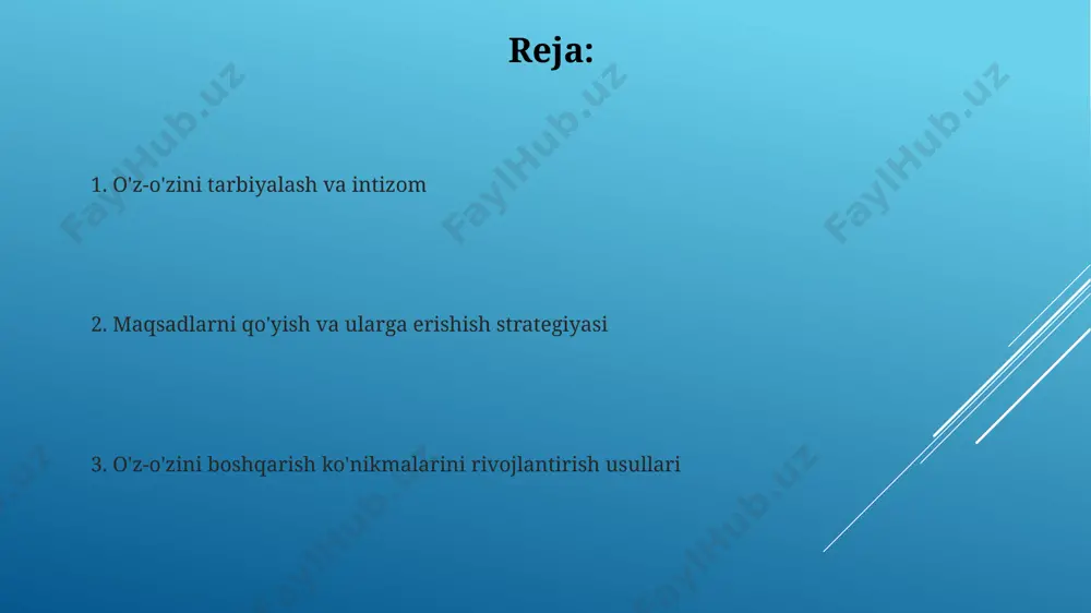 mkin. emotsional aqlni rivojlantirish uchun, oʻzingizning his-tuygʻularingizni 7 ta asosiy his-tuygʻu (xursandchilik, gʻazab, qoʻrquv, xafa boʻlish, ajablanish, nafrat, befarqlik) ga ajratib, ularni kundalik daftaringizga yozib, tahlil qiling. bu sizning hissiy ongingizni oshiradi. vaqtni samarali boshqarish kunlik rejangizni tuzing va ustuvor vazifalarni aniqlang. eisenhower matritsasidan foydalanib, muhim va shoshilinch vazifalarni ajrating. masalan, 1-2 ta eng muhim vazifani birinchi navbatda bajarish samarqandda yashovchi talaba uchun ham muhimdir. vaqtni samarali boshqarish uchun, masalan, pomodoro texnikasidan foydalaning: 25 daqiqa ishlang, 5 daqiqa tanaffus qiling. buni 4 marta takrorlang, so'ngra 20 daqiqa uzundan tanaffus qiling. bu usul samaradorlikni 20% ga oshirishi mumkin, degan tadqiqotlar mavjud. e'tiboringiz uchun rahmat @taqdimot_robot image1.jpg image2.jpg image3.jpg image4.jpg image5.jpg
