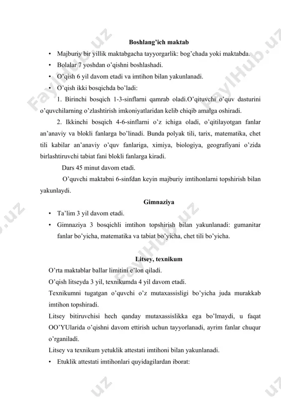 komissiyasiga taqdim etadi. · xizmat pog’onalari bo’yicha o’sishi o’qituvchining tegishli maqomga ega bo’lishi va oylik maoshining oshishi bilan bog’liq. · o’qituvchini ishga qabul qilish va kasb imtiyozlariga ega bo’lish ko’p jihatdan uning maqomiga bog’liq. oo’yu bitiruvchilarining kasbiy nomlari · litsenziat – oo’yuda 3-3,5 yil o’qigan talaba. · injener – texnika, qishloq xo’jaligi, iqtisodiyot oo’yulari bitiruvchisi. · magistr – ta’limning 5 yillik standart kursini bitiruvchisi. ilmiy darajalar va unvonlar: doktor – doktorlik dissertatsiyasini himoya qilgan shaxsga beriladigan daraja (bizdagi fan nomzodiga to’g’ri keladi). doktor xabilitovan – doktorlik darajasiga ega bo’lgan, fanga ulkan hissa qo’shgan va yana bir ilmiy ishni himoya qilgan shaxsga beriladigan ilmiy daraja.(bizdagi fan doktoriga to’g’ri keladi). ta’lim tizimidagi ba’zi muammolar va yutuqlar · kichik qishloq maktablarini moliyalashtirish muammosi: bir sinfda 25 o’quvchi bo’lsagina maqsadli dotatsiya beriladi. · maqsadli dotatsiya bo’lmasa gminlar o’z shaxsiy byudjetlaridan xarajatlarni qoplaydilar shu bois kichik qishloq maktablari yopiladi. · boshlang’ich ta’limning 1-3-sinflarida baholash tizimi …
