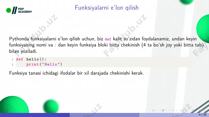 mda = myvar(3, 5) 3 print(res_labmda) natija: 17 bu kod mos ravishda a va b argumentlari sifatida 3 va 5 raqamlarini oladi va ularni (a*b)+2 ifodasiga joylashtiradi. bu uni (3*5)+2 qiladi, ya’ni 17. nihoyat, u 17 ni qaytaradi. aslida funksiya obyekti myvar identifikatoriga tayinlangan. 15 / 25 python funksiyasi argumentlarining turlari pythonda standart argumentlar python dasturi argumentlari standart qiymatlarga ega bo’lishi mumkin. argumentga standart qiymatni python(=) da tayinlash operatori yordamida belgilaymiz. argument uchun qiymati bo‘lmagan funksiyani chaqirganimizda, uning standart qiymati (ta’kidlanganidek) ishlatiladi. 1 def greeting(name=’user’): 2 print(f"hello , {name}") 3 greeting(’ayushi ’) natija: hello, ayushi 16 / 25 bu erda biz argumentsiz greeting() ni chaqirganimizda, nom o‘zining standart qiymatini oladi - “user”. boshqacha qilib aytganda, agar siz standart argumentni taqdim qilsangiz, undan keyingi barcha boshqalar ham standart qiymatlarga ega bo‘lishi kerak. sababi oddiy. tasavvur qiling-a, sizda ikkita parametrli funksiya bor. birinchi argument standart qiymatga ega, ikkinchisi esa yo‘q. endi siz …