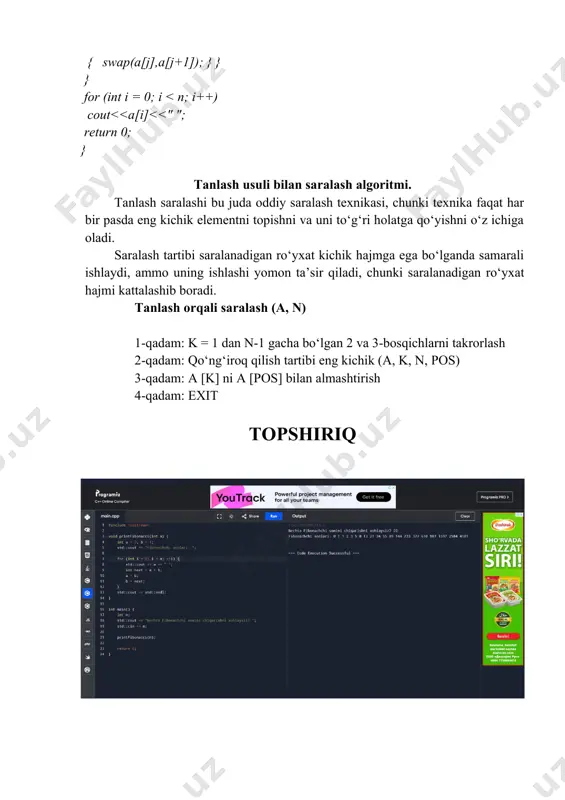 misol orqali `std::vector` ni ishlatishni o‘rganing: #include #include int main() { std::vector myvector; myvector.push_back(42); myvector.push_back(56); myvector.push_back(78); for (int i = 0; i #include #include int main() { std::list my_list = { 12, 5, 10, 9 }; for (int x : my_list) { std::cout #include using namespace std; int main() { list l = {1,2,3,4,5}; list ::iterator it = l.begin(); list new_l = {10,20,30,40}; // new list new_l.insert (new_l.begin(), l.begin(), l.end()); l.insert(l.begin(), 5, 10); // insert 10 before beginning 5 times for (int x : new_l) { }return0;} push_back va push_front funktsiyalari push_back (element) usuli elementlarni orqa tomondan ro‘yxatga kiritish uchun ishlatiladi. push_front (element) usuli elementlarni ro‘yxatdan old tomondan surish uchun ishlatiladi. #include #include #include int main() { std::list l ={7, 5, 16, 8}; l.push_front(25); l.push_back(13); auto it =std::find(l.begin(), l.end(), 16); if(it != l.end()){ l.insert(it, 42); } for(int n : l){ std::cout #include #include int main() { std::list l ={7, 5, …