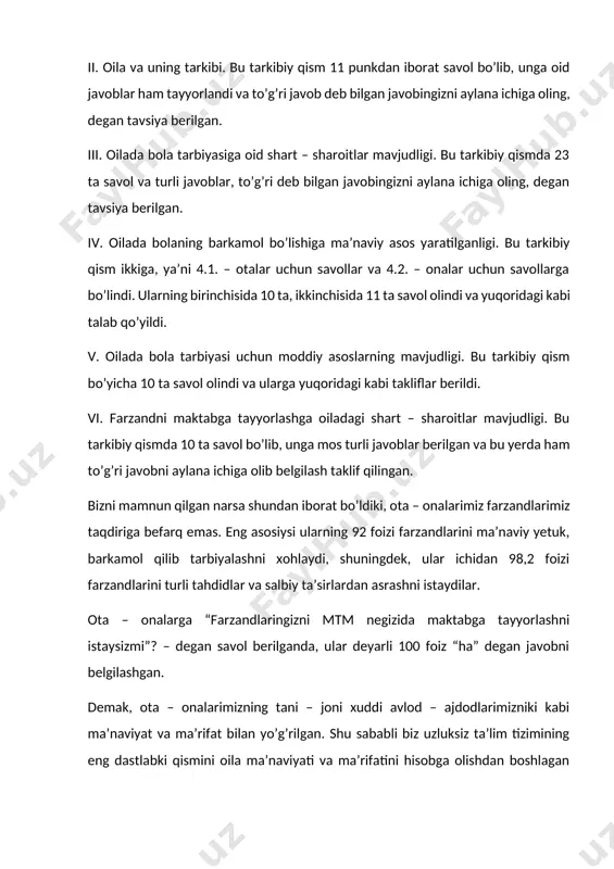 a’naviy jihatdan tarbiyalashga bag’ishlangan tadbirlar, marosimlar, urf – odatlar, milliy va oilaviy bayramlar, odm. bular to’g’risida mazkur tadqiqotimizning keyingi qismlarida batafsil ma’lumot beriladi. bu jihatlardan ota–onalar tashabbuslari bilan mtm da uyushtiriladigan “ma’naviyat mashg’ulotlari”da foydalangan holda olib borilsa erkin va ijodiy fikrlaydigan faol shaxsini shakllantirishga erishishiladi. ishonchimiz komilki, ular ma’naviy yetuk, barkamol inson bo’lib shakllanadilar. 3.ta`lim-tarbiyada mtt bilan ota-ona hamkorligi. tarbiyachi tomonidan yuqoridagi jadvallar asosida ota-onalar burchagida qoyiladi. har qaysi bolaning kamchiligi xisobga olinib, ota-onaga alohida bartaraf qilish yol-yoriqlari beriladi. ilk matematik tushunchalar, ruhiy rivojlanishi, tabiat haqidagi tushunchalar, tasvirlash faoliyati boyicha ilk konikma va malakalar, badiiy adabiyot, xulq-atvori boyicha korsatkichlari ham xuddi shu tartibda tahlil qilinib tegishli maslahat beriladi. bolalar bogchasida otkaziladigan ota-onalar yigilishlarini eski tartibda faqat maruzalar oqish usulidan voz kechgan xolda chaynvord yechish, jumboqli masalalar yechish, anketa savollarga javob olish, ishchanlik oyinlari otkazish kabi noannaviy uslublardan foydalanish ota0onalarning bevosita bola tarbiyachi boyicha pedagogik bilimlarga ega bolish istak xoxishini paydo …