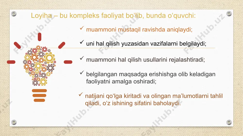 a: ijtimoiy loyiha; ekologik loyiha; individual loyiha. loyiha maqsadi: ijtimoiy muammo va hodisalarni o‘rganish; atrof-muhitni muhofaza qilish; o‘quvchining bilimlari, shaxsiy xislatlarini rivojlantirish. 12 loyiha turlari maqsadli vazifasiga ko‘ra: muammoni hal qilish innovatsion loyiha marketing loyihasi loyiha maqsadi: dolzarb muammoni hal qilish; ilgari mavjud bo‘lmagan yoki muayyan hududda keng qo‘llanilmaydigan foydali mahsulotni yaratish; muayyan mavzuga, mahalliy yoki global muammoga boshqa insonlarning e’tiborini jalb qilish 13 berilgan kartochkalarni mos o‘ringa joylashtiring ikkita mezonga asoslangan loyiha mavzulari loyiha turlari ijtimoiy ekologik individual loyiha marketing loyihasi “31-may — xalqaro tamakisiz kun” (devoriy gazetalar tanlovi) har bir o‘quvchi atrof-muhitni muhofaza qilishga qanday hissa qo‘shishi mumkin? maktab to‘garagini ommalashtirishga qaratilgan chora-tadbirlar muammoni hal qilish loyihasi maktabdagi janjallarning asosiy sababi nimada? maktabda chiqindilarni saralab yig‘ish ishlarini tashkil etish tog‘ chang‘i dam olish zonasiga sayohat harajatlarini hisoblash innovatsion loyiha shahrimizga ko‘chib kelgan odamlarning moslashishlari uchun chora-tadbirlar rejasini ishlab chiqish maktab hududidagi sport maydonchasini yoritish uchun shamol generatorini yaratish …
