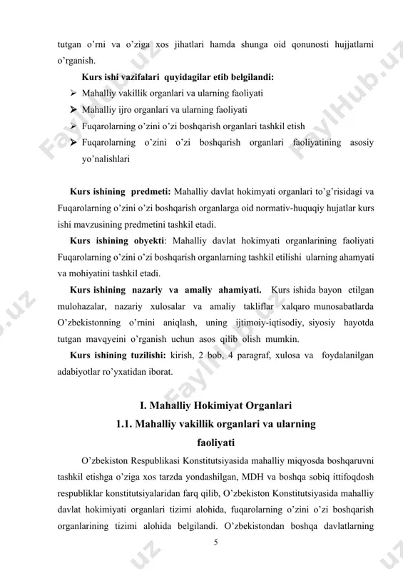 ilishini taʼminlaydilar. oʻzbekiston mustaqillikka erishgach, uzoq tarixiy tajribaga, milliy anʼanalarga tayangan holda ilgʻor mamlakatlar tajribasidagi ijobiy tomonlarni oʻrganib, oʻz davlat idoralarini tubdan qayta isloh qildi, mahalliy davlat hokimiyati organlari tizimini yaratdi. mahalliy hokimiyat tizimini shakllantirish sohasida bir qator qonun va rasmiy hujjatlar qabul qilindi. ular orasida oʻzbekiston respublikasi konstitutsiyasi (1992-yil, 8 dekabr), "mahalliy davlat hokimiyati toʻgʻrisida"gi qonun (1993-yil, 2-sentabr), "xalq deputatlari viloyat, tuman, shahar kengashlariga saylovlar toʻgʻrisida"gi qonun (1994-yil, 5-may) kabilar mu-him oʻrin egallaydi. oʻzbekiston respublikasi konstitutsiyasining 21-bobida mahalliy davlat hokimiyati organlari faoliyatining konstitutsiyaviy huquqiy asoslari oʻz aksini topgan (120—127-moddalar). mazkur moddalarda mahalliy davlat hokimiyati organlari tizimi, mavqei, vazifalari, tuzilish tartibi konstitutsiyaviy darajada mustahkamlab qoʻyilgan. konstitutsiya mahalliy vakillik organlarining 2 boʻgʻinli tizimi (yaʼni, tuman, shahar xalq deputatlari kengashlari — quyi boʻgʻin; viloyatlar va toshkent shahri xalq deputatlari kengashlari — yuqori boʻgʻin)ni mustahkamladi va bu mahalliy davlat hokimiyati toʻgʻrisidagi qonunda oʻz ifodasini topdi. mahalliy davlat hokimiyati organlari qonuniylikni, huquqiy tartibotni va …