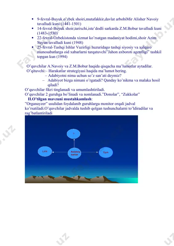 ing muhim va unutilmas sanalar: · 1-fevral-xalqaro kurash assotsatsiyasi tashkil topdi.(1999) · 2-fevral-respublika “oila” markazi tuzilgan kun. (1998) · 5-fevral-o’zbekistonda milliy axborot agentligi”o’za” faoliyati boshlandi. · 9-fevral-buyuk o’zbek shoiri,mutafakkir,davlat arbobimir alisher navoiy tavalludi kuni (1441-1501) · 14-fevral-buyuk shoir,tarixchi,iste’dodli sarkarda z.m.bobur tavalludi kuni (1483-1530) · 22-fevral-ozbekistonda xizmat ko’rsatgan madaniyat hodimi,shoir azim suyun tavalludi kuni (1948) · 25-fevral-tashqi ishlar vazirligi huzuridago tashqi siyosiy va xalqaro munosabatlarga oid xabarlarni tarqatuvchi”jahon axboroti agentligi” tashkil topgan kun (1994) o’quvchilar a.navoiy va z.m.bobur haqida qisqacha ma’lumotlar aytadilar. o’qituvchi:– harakatlar strategiyasi haqida ma’lumot bering. ​ – adabiyotni nima uchun so’z san’ati deymiz? · adabiyot bizga nimani o’rgatadi? qanday ko’nikma va malaka hosil qiladi? o’quvchilar fikri tinglanadi va umumlashtiriladi. o’quvchilar 2 guruhga bo’linadi va nomlanadi.”donolar”, “zukkolar” ii.o’tilgan mavzuni mustahkamlash: ”organayzer” usulidan foydalanib guruhlarga monitor orqali jadval ko’rsatiladi.o’quvchilar jadvalda tushib qolgan tushunchalarni to’ldiradilar va rag’batlantiriladi guruhlar o’tilgan mavzu yuzasidan konvertdagi tarqatmalarni tanlab,javob beradilar. ”aqliy hujum” orqali guruhlarga muammoli savol …