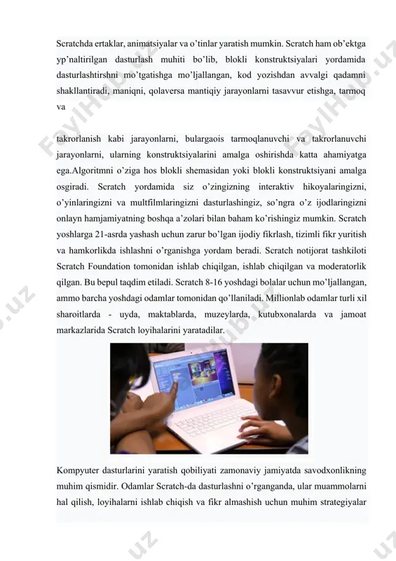 scratchjr ni sinab koʻrishlari mumkin. ta’lim yoshlar scratch bilan nimani o’rganayotgani haqida bir sahifali umumiy ma’lumot uchun {learningwithscratch} sahifasiga qarang. maqolani {creativelearningapproach} da oʻqing. jamiyat biz barcha sayt aʼzolaridan hamjamiyat yoʻriqnomalariga amal qilishlarini soʻraymiz. biz shaxsiy hisob ma’lumotlariga kirishni ta’minlamaymiz. qo’shimcha ma’lumot olish uchun maxfiylik siyosatiga qarang. scratch turli o’rganish uchun mavzular bor, ularni o’rganib, o’z ustida ishlab o’qituvchilar yoki ota onalar bolalariga scratchda loyihalar yaratishni o’rgatisghlari mumkin. ismini yozish, harflarini burish hamda ularni turli ranglarda yonishini hosil qilish amallariga, unga oid konstruktsiyalarni topib qo’yishni amalga oshirsa bo’ladi. harflarni turli ranglar olishini va personajlarni harakatga keltirish uchun konstruktsiyalarni tanlab kon struktsiyalardan iborat kod yozadigan ekranga sudrab quyiladi. har bir harf ham personaj vazifasini o’taydi, ularni tugmani bosib. bi sphaning ohirida harflarni tanlash mumkin, harflarning ham turli variantlari va ko’rinishlari mavjud. turli blokli konstr uktsiyalardan bloklarni tanlab qo’yamiz, ismdagi harflar ham turli ranglarga o’zgaradi: har birta harf uchun shunday konstruktsiyalarni yozib …