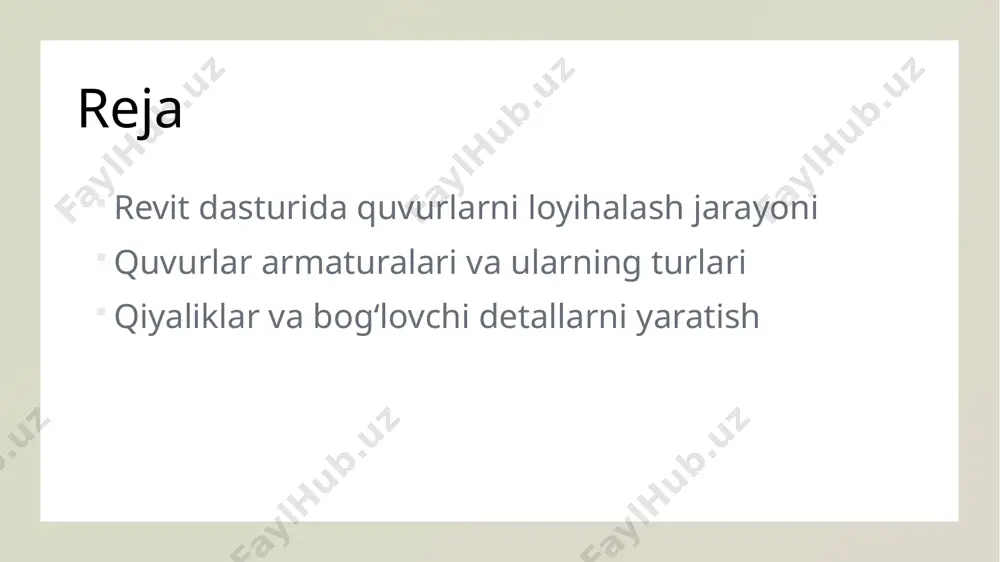 bu jarayonni soddalashtiradi. revitda quvurlar uchun parametrik dizayn yondashuvlari. parametrik modellashtirish revitda quvurlarni loyihalash jarayonida parametrik modellashtirish usuli, o'zgaruvchan parametrlar orqali quvurlarni oson boshqarishga imkon beradi. parametrlar bilan ishlash quvurlar uchun parametrlar, uzunlik, diametr va material kabi xususiyatlarni o'zgartirish imkonini beradi, bu esa loyihani tezda moslashtirishga yordam beradi. integratsiya va avtomatlashtirish parametrik dizayn yondashuvi, quvurlarni boshqa komponentlar bilan integratsiya qilish va avtomatlashtirilgan tizimlar yaratishga yordam beradi, loyihani yanada samarali qiladi. quvurlarni loyihalashda to'g'ri qiyalik va yo'nalishlarni tanlash. qiyalikning ahamiyati yo'nalish belgilari qiyalik va yo'nalish quvurlarni loyihalashda to'g'ri qiyalik tanlash, suyuqlikning oqimini ta'minlash va tizimning samaradorligini oshirish uchun muhimdir. quvurlarni loyihalashda to'g'ri yo'nalishlarni belgilash, quvurlar orasidagi bog'lanishni yaxshilaydi va tizimning umumiy ish faoliyatini yaxshilaydi. qiyalik va yo'nalishlarni to'g'ri tanlash, quvurlarni o'rnatish jarayonida qulaylik yaratadi va kelajakda xizmat ko'rsatish xarajatlarini kamaytiradi. quvurlarni bog'lash va armaturalarni yaratish usullari. quvur bog'lash usullari quvurlarni bog'lashda bir nechta usullar mavjud: "butt welding", "socket welding" va "flange …