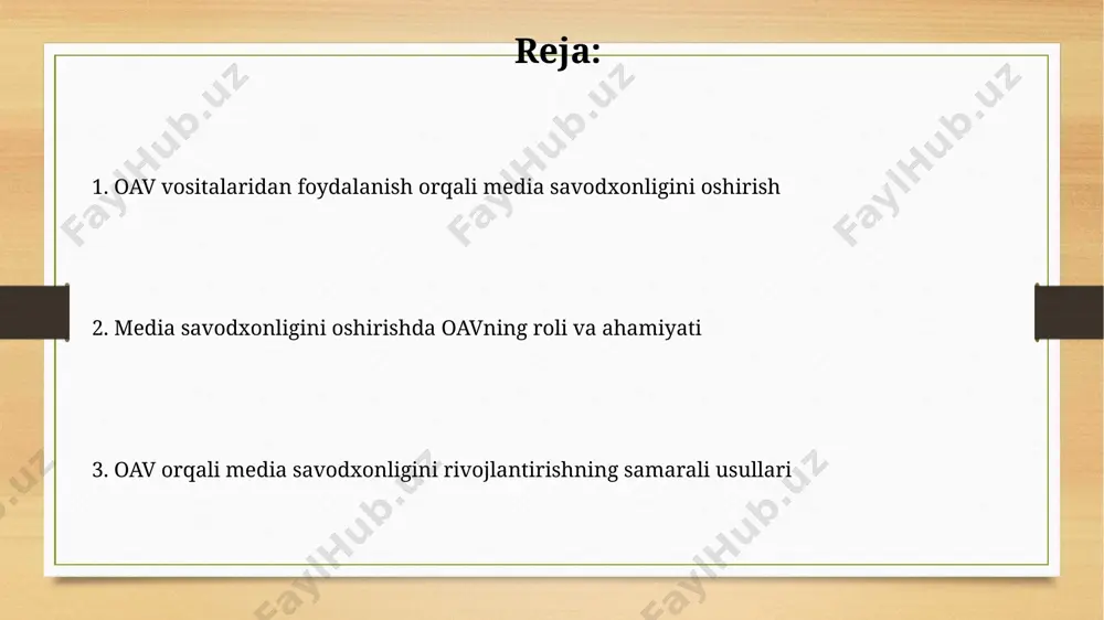 orqali ob’ektivlik va subyektivlikni ajrata bilish ko‘nikmasini rivojlantirish zarur. oav savodxonligini oshirish bo'yicha amaliy tavsiyalar oav tarkibini tahlil qilish va yolg‘on axborotni aniqlash bo‘yicha amaliy mashg‘ulotlar o‘tkazishda, 70% dan ortiq amaliy mashqlar va interaktiv o‘yinlardan foydalanish samarali bo‘ladi. oav savodxonligini oshirish uchun 10 ta turli xil manbadan ma’lumot olishni rag‘batlantirish va ularni tanqidiy tahlil qilish ko‘nikmalarini rivojlantirish bo‘yicha o‘quv dasturlarini ishlab chiqish kerak. oav orqali yolg'on va manipulyatsiyani aniqlash rasmiy oavlar va bloglar, ijtimoiy tarmoqdagi postlar kabi turli xil oav manbalarini taqqoslash orqali axborotning haqiqiyligi darajasini taxminan 50% ga aniqlash mumkin. oavda keltirilgan raqamlar, statistika va dalillarni mustaqil manbalar bilan tekshirish orqali manipulyatsiya va yolg'onni 60% gacha aniqlash mumkin. oav savodxonligini oshirish natijalari va istiqbollari tadqiqotlar shuni ko'rsatdiki, oav savodxonligi yuqori bo'lgan hududlarda demokratiyaga ishonch 15 foizga oshgan va siyosiy jarayonlarda faol ishtirok etish darajasi yuqori. oav savodxonligi dasturlarini joriy etish natijasida internetda zararli kontentga duch kelish holatlari 35% ga …