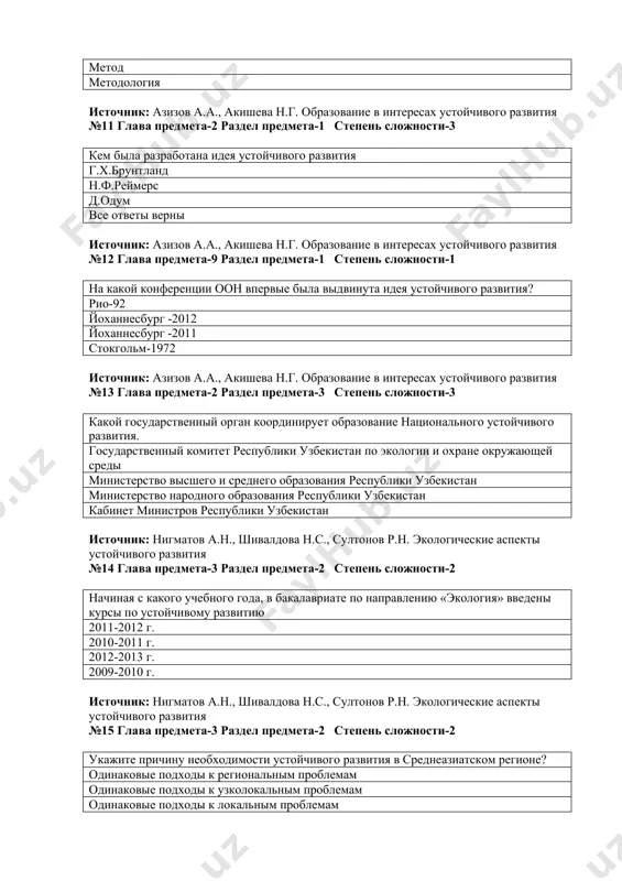 тво народного образования республики узбекистан кабинет министров республики узбекистан источник: нигматов а.н., шивалдова н.с., султонов р.н. экологические аспекты устойчивого развития №14 глава предмета-3 раздел предмета-2 степень сложности-2 начиная с какого учебного года, в бакалавриате по направлению «экология» введены курсы по устойчивому развитию 2011-2012 г. 2010-2011 г. 2012-2013 г. 2009-2010 г. источник: нигматов а.н., шивалдова н.с., султонов р.н. экологические аспекты устойчивого развития №15 глава предмета-3 раздел предмета-2 степень сложности-2 укажите причину необходимости устойчивого развития в среднеазиатском регионе? одинаковые подходы к региональным проблемам одинаковые подходы к узколокальным проблемам одинаковые подходы к локальным проблемам одинаковые подходы к национальным проблемам источник: турсунов х.т. экология и устойчивое развитие №16 глава предмета-3 раздел предмета-1 степень сложности-1 “о десятилетии образования устойчивого развития в 2005-2014 годах”... принято программа приказ постановление указ источник: турсунов х.т. экология и устойчивое развитие №17 глава предмета-3 раздел предмета-2 степень сложности-2 название книги, подготовленной 1970 году членами "римского клуба" предел роста устойчивое развитие образование …