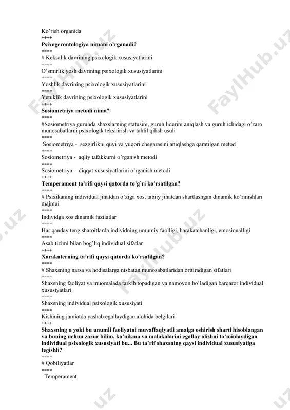 xul- atvoriga, ko’pchilik tomonidan e’tirof etilgan harakatlarga nisbatan talablardir ==== shaxsning jamiyat tomonidan qo’yilgan talablarni bajarishi ==== shaxsning jamiyatdagi biron- bir vaziyatdagi bajarishi lozim bo’lgan xatti- harakatlari ==== shaxsning ko’pchilikning fikriga qarshi borishi ++++ ijtimoiy sanksiya – bu …. ==== # normalarning shaxs xulqida namoyon bo’lishini nazorat qiluvchi jazo va rag’batlantirish mexanizmlar ==== shaxsning ijtimoiy normalarni bajarishi ==== jamoat tomonidan shaxsga qo’yiladigan talablar ==== shaxsning ijtimoiy muhit ta’sirida vujudga kelgan xatti- harakatlari ++++ psixologiyada refleksiya deb nimaga aytiladi? ==== #aynan o’ziga o’xshash odamlar obrazi orqali o’zi to’g’risidagi obrazni shakllantirishdir ==== shaxsning o’zini o’rab turgan kishilardan ta’sirlanishi ==== shaxsning ma’lum bir vaqtda bajarishi lozim bo’lgan xatti- harakatlari ==== shaxsning ijtimoiy muhit ta’sirida vujudga kelgan xatti- harakatlari ++++ individuallik – bu? ==== #individning o’zgachaligi, o’ziga xosligi; ==== shaxsning taraqqiy etishi; ==== individ va shaxs o’rtasidagi tafovut; ==== shaxsni hayvonlardan farqlovchi xususiyat ++++ tugma yo’l bilan, tayyor xolda beriladigan, tirik mavjudotlarning tashki olamga …