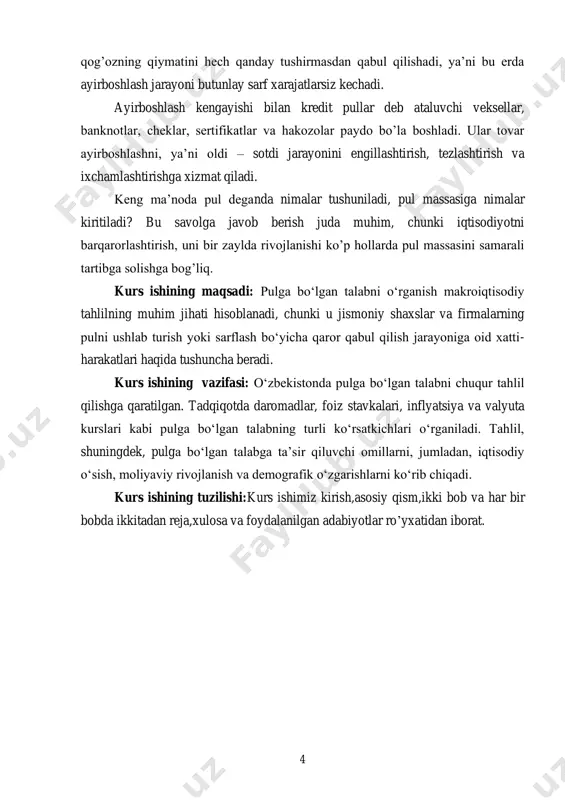 a turli tovarlar qiymatini taqqoslash imkonini beradi. o’z tovari uchun olgan pulini sotuvchi doim ham birdaniga ishlatvermaydi. shu sababga ko’ra pullar ularga o’tkazilgan qiymatni saqlab turishlari juda muhim. agar pul aytilgan xususiyatga ega bo’lsa, unda u boylik to’plash maqsadida jamg’ariladi. pulning bu funktsiyasini muqobil tarzda mulkning boshqa turlari - obligatsiyalar, aktsiyalar, ko’chmas mulk ham bajarishi mumkin. rivojlangan iqtisodiyot sharoitida pulning to’lov vositasi sifatidagi vazifasi jamg’arish vositasi vazifasiga nisbatan muhimroq ahamiyat kasb etadi. pulning yuqori likvidliligi va qiymatni saqlab turishi xususiyatlar barcha turdagi to’lov vositalarida bir xil emas. naqd pullar va muddatsiz depozitlarning 6 likvidliligi djarajasi muddatli depozitlarga yoki veksellarga qaraganda yuqoriroq. shu sababli pul massasi likvidlilik darajasining pasayib borishi tamoyiliga asoslangan agregatlarga bo’linadi. rivojlangan mamlakatlarda pul massasini aniqlashda - m1; m2; m3; m4 deb belgilanadigan pul agregatlaridan foydalaniladi. pul agregatlarining tarkibi va miqdori turli mamlakatlarda o’zaro farq qilish mumkin. quyida umumlashtirib olingan pul agregatlari tarkibini keltiramiz: m0- bank tizimidan tashqaridagi …