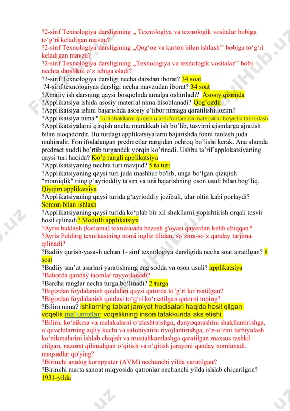 bilan maxsus ajratilgan vaqtda bajariladigan ishlardir? mustaqil ishlar ?1- sinf texnologiya darsligida nazorat ishi uchun necha soat vaqt ajratilgan? ?1- sinf texnologiya darsligida qog‘oz va karton bilan ishlash bo‘limi uchun necha soat vaqt ajratilgan? 8 soat ?1- sinf texnologiya darsligida tabiiy va turli materiallar bilan ishlash bo‘limi uchun necha soat vaqt ajratilgan? ?1- sinf texnologiya darsligining muallifi kim? i.mannopova, r.mavlonova ?1- sinflar uchun yaratilayotgan yangi darslik necha bo‘limdan iborat? ?1945-yildan keyin qo'shma shtatlar qaysi davlatdan juda arzon bo'lgan juda ko'p miqdordagi yupqa uzun sharlarni olib kela boshladi? pensilvaniya ?1-sinf texnologiya darsligida “qog‘oz va karton bilan ishlash” bo‘limi uchun necha soat ajratilgan? 8 soat ?1-sinflarda texnologiya darsi necha soatni tashkil etadi? 33 soat ?2-sinf texnologiya darsligining ,, texnologiya va texnologik vositalar bobiga to‘g‘ri keladigan mavzu? ?2-sinf texnologiya darsligining ,,qog‘oz va karton bilan ishlash’’ bobiga to‘g‘ri keladigan mavzu? ?2-sinf texnologiya darsligining ,,texnologiya va texnologik vositalar’’ bobi nechta darslikni o‘z ichiga oladi? ?3-sinf …