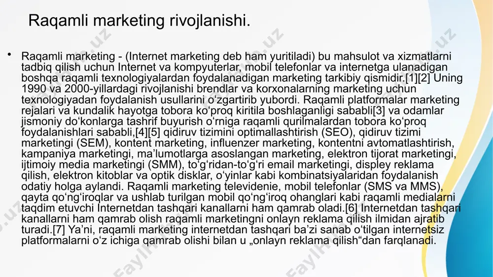 ellari va mahalliy seo mijozlarning xatti-harakatlariga taʼsiri ortib borayotgani bilan bogʻliq. qidiruv mexanizmi marketingi (sem) ppc (paid per click), yaʼni har bir reklama ustiga bosgan auditoriya uchun toʻlash sifatida ham tanilgan sem qidiruv natijalari sahifalari va veb-saytlari ustidagi taniqli, koʻrinadigan joylarda reklama maydonini sotib olishni oʻz ichiga oladi. qidiruv reklamalari brend tan olinishi, xabardorligi va konversiyalariga ijobiy taʼsir koʻrsatishi koʻrsatilgan. pulli reklamalarni bosgan qidiruvchilarning 33% ular oʻzlarining maxsus qidiruv soʻrovlariga bevosita javob berishlari uchun shunday qilishadi. ijtimoiy media marketingi (smm) marketologlarning 70% ijtimoiy media platformalarida marketing boʻyicha birinchi maqsad sifatida brend xabardorligini oshirishni koʻrsatmoqda. facebook, instagram, twitter va youtube hozirda ijtimoiy media marketing guruhlari tomonidan foydalaniladigan eng yaxshi platformalar sifatida qayd etilgan. 2021-yildan boshlab linkedin oʻzining professional tarmoq imkoniyatlari uchun biznes rahbarlari tomonidan eng koʻp foydalaniladigan ijtimoiy media platformalaridan biri sifatida qoʻshildi. kontent marketingi marketologlarning 56% shaxsiylashtirilgan kontent - brendga yoʻnaltirilgan bloglar, maqolalar, ijtimoiy yangilanishlar, videolar, qoʻnuvchi sahifalar - brendni …