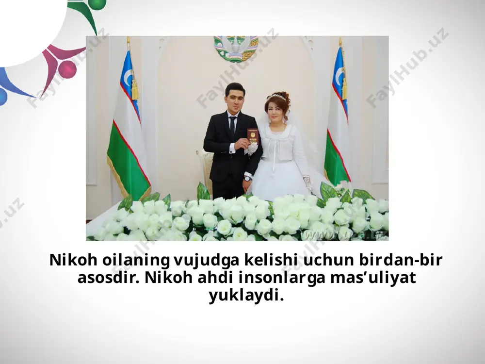 dlikka oluvchilar bilan farzandlikka olinganlar o‘rtasida nikoh tuzilishiga ruxsat berilmaydi. yaqin qarindoshlar o‘rtasidagi nikohni qonun yo‘li bilan taqiqlash axloqiy qoida hamda biologik nuqtayi nazarga, tibbiyot fani yutuqlari va xulosalariga asoslanadi. 3. loaqal bittasi ruhiyat buzilishi (ruhiy kasalligi yoki aqli zaifligi) sababli sud tomonidan muomalaga layoqatsiz deb topilgan shaxslar o‘rtasida nikoh tuzilishiga yo‘l qo‘yilmaydi. bunday shaxslar o‘z qilmishlarining oqibatiga to‘liq javob bera olmaydilar va nikoh tuzishga ongli ravishda o‘z xohishlarini izhor eta olmaydilar. savol va topshiriqlar: 1. oila quradigan inson qanday mas’uliyatlarni zimmasiga olishi kerak? 2. oila qurish uchun nimalarga ega bo‘lish kerak? 3. quyidagilardan qaysi biri bo‘lmasa ham oila qurish mumkin: moddiy imkoniyatlar, ma’naviy tayyorgarlik, ruhiy tayyorgarlik, jismoniy (biologik) tayyorgarlik? 4. sizningcha, oilada turmushning qiyinchiliklari ko‘proq kimning zimmasiga tushadi? fikringizni asoslang. image2.jpeg image3.jpeg image4.jpg image5.jpeg image6.jpeg image7.jpeg image8.jpeg image9.jpeg image10.jpeg image11.jpeg image12.jpeg image13.jpeg image14.jpeg image15.jpeg image16.jpeg image1.jpg