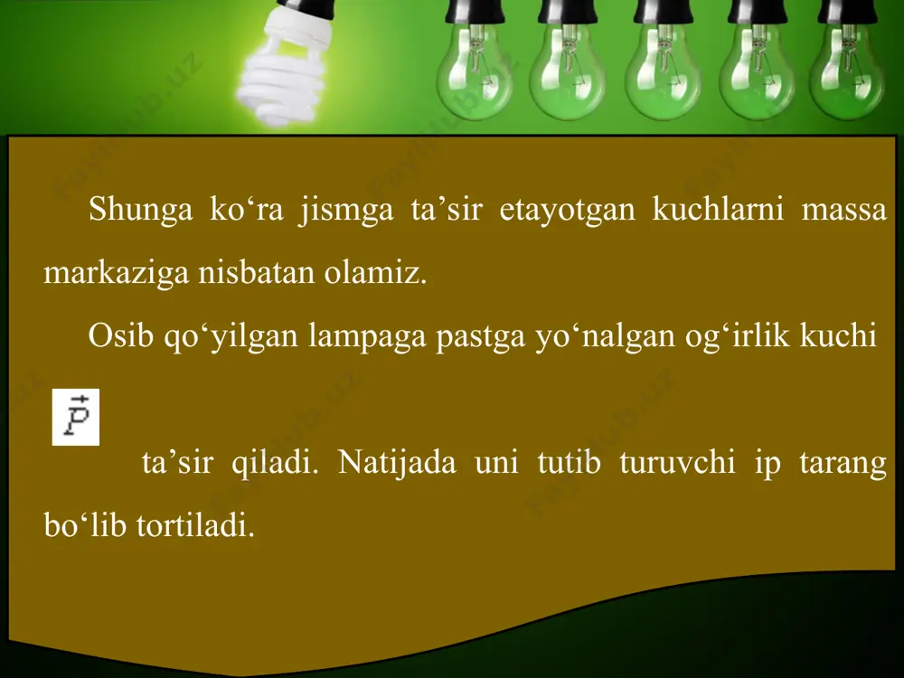 di. shunday qilib jismning turg‘unligi (barqarorligi): jism og‘irligiga; jism asosi yuzining kattaligiga; ag‘daruvchi kuchning og‘irlik markazidan qanchalik quyiga qo‘yilganligiga bog‘liq. masala yechish namunasi 1. massasi 10 kg bo‘lgan jism ikkita cho‘zilmas arqonga osilgan. ular o‘zaro 60° burchak hosil qilgan holda muvozanatda qoladi. arqonlarning taranglik kuchlarini hisoblang.