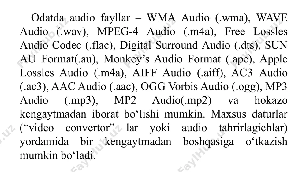 yangi format asf (advanced streaming format – mukammallashgan potoklar formati) va aaf (advanced authoring format) formatlarni ishlab chiqish haqida qaror qildi. bunda eski avi formati ham qo‘llanishda davom etib, avi, asf va aaf formatlarini bir-biriga aylantirish uchun vositalar yaratilishi rejalashtirilmoqda. quick time movie (.qt, .mov) – adobe firmasi tomonidan quick time texnologiyalari asosida yaratilgan video yozish va namoyish etish uchun keng tarqalgan formatlardan biri. turli videolarni ciqish formatini qo‘llab-quvvatlaydi, shu jumladan mpeg va indeo formatlarini ham, shuningdek, o‘zining xususiy kompressiya uslubiga ham ega. mustaqil “yo‘lakchalar”ga (video va audio) ma’lumot yozish imkoniyati mazkur formatning muhim jihati hisoblanadi. videoma’lumotlar turli yo‘lakchalarda turli chastotalarga va razresheniyaga, audioma’lumotlar – turlicha formatga ega bo‘lishi mumkin va h.k. mpeg (motion jpeg)(.mpg, .mpeg, .dat) – harakatli tasvirlar bo‘yicha ekspertlar guruhi (mpeg – moving picture expert group) tomonidan video yozish va namoyish etish uchun ishlab chiqilgan format. o‘zining xususiy kompressiya algoritmiga ega. hozirgi kunda raqamli videolarni yozish uchun …