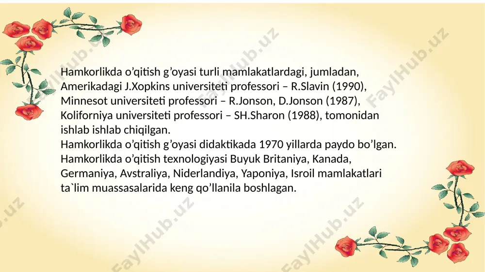 di. topshiriq yakunida har bir talaba o’zi bajargan qism yuzasidan fikr yuritib, o’rtoqlarini o’qitadi, so’ngra guruh a’zolari tomonidan topshiriq yuzasidan umumiy xulosa chiqariladi. «o’ylang-juftlikda ishlang-fikr almashing» «o’ylang—juftlikda ishlang-fikr almashing» texnikasidan foydalangan holda guruhlarda ishni tashkil etish jarayonining tuzilishi 1.o’qituvchi savol va topshiriq beradi: oldin o’ylab chiqish, so’ng qisqa javoblar yozish tartibida. 2.talabalar juftliklarga bo’linib, biri biri bilan fikr almashadilar va ikkala javobni mujassam etgan umumiy javobni ishlab chiqishga harakat qiladi. 3.o’qituvchi bir necha juftliklarga o’ttiz sekund davomida auditoriyaga o’z ishining qisqa yakunini ifodalab berishni taklif qiladi. quyidagi o’quv topshiriqlarini bajarish uchun 3 guruhga bo’lining. mustaqil xohlagan shaklda «hamkorlikdagi o’qish», «o’zaro o’qish», «birgalikda o’qish» tushunchalariga, sizning fikringiz bo’yicha, munosib tavsif va belgilarni yozing. guruhda birgalikda yozilganni muxokama qiling va ushbu tushunchalarni birga taqqoslab taxlil qilishga harakat qiling (grafik tashkil etuvchilaridan foydalani-shingiz mumkin). «veer» texnologiyasi. bu texnologiya murakkab, ko’ptarmoqli, mumkin qadar, muammo xarakteridagi mavzularni o’rganishga qaratilgan. texnologiyaning mohiyati shundan iboratki, bunda mavzuning …