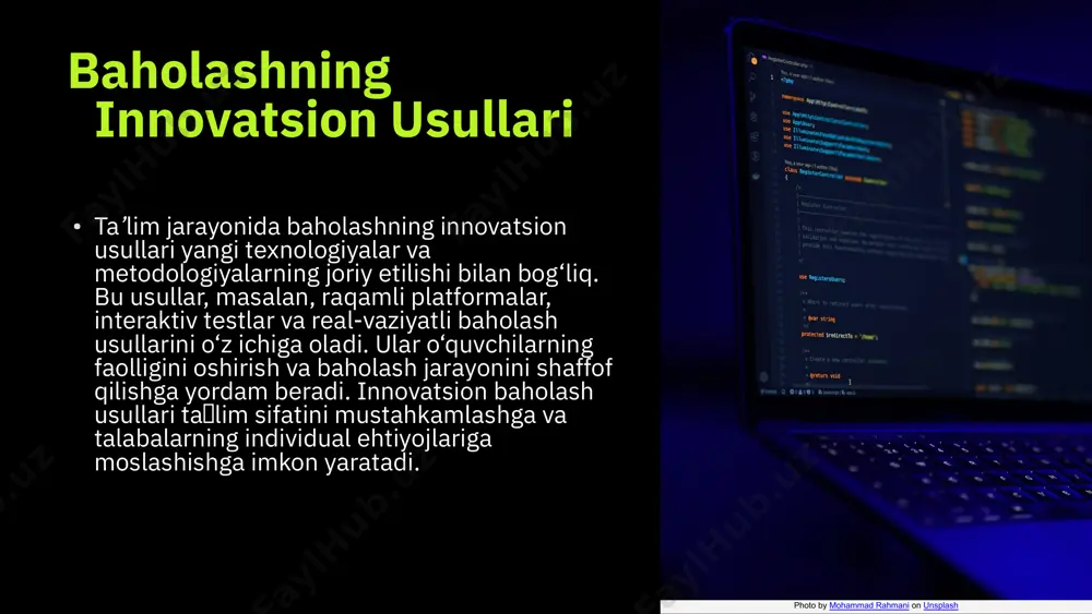 i. virtual laboratoriyalar va simulyatsiyalar yordamida baholash jarayonini yanada interaktiv va amaliy qilish mumkin, bu esa ijodiy va tahliliy fikrlashni rivojlantiradi. matn va vizual portfollar, loyiha asosidagi baholash usullari orqali amaliy ko'nikmalarni o'lchash mumkin, bu esa o'quvchilarning faol ishtirokini ta'minlaydi. innovatsion usullarning tahlili innovatsion usullar baholash jarayonida texnologiyalar bilan integratsiyalashadi. misollar: interaktiv o‘quv, onlayn baholash platformalari, avtomatlashtirilgan tizimlar. bu usullar o‘quv jarayonini samarali, qiziqarli va moslashtirilgan qilishda yordam beradi. ularning ta’lim jarayoniga ta’siri innovatsion usullar ta’limni yanada interaktiv va motivatsiyali qiladi. shuningdek, shaxsiy yondashuvlarni amalga oshirishga imkon beradi, baholash aniqligi va tezligini oshiradi, o‘qituvchilarga tahlil qilish va sifatni oshirish imkoniyatini yaratadi. kelajakda innovatsion baholash innovatsion baholash usullari va texnologiyalarning rivojlanishi, sun'iy intellekt va ma'lumot tahlili, shaxsiylashtirilgan ta'lim muhitini yaratish va adaptiv baholash tizimlarini o'z ichiga oladi. ta'limda innovatsiyalar, virtual va kengaytirilgan haqiqat texnologiyalari, real vaqtda rivojlanishni kuzatish, interaktivlik va aniqlik. innovatsion baholash usullari orqali qobiliyatlarni rivojlantirish va shaxsiy yondashuvni kuchaytirish …