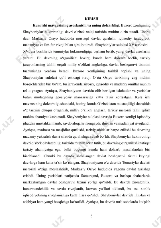‘lingan holda boshqarilgan. har bir viloyat hokimlar tomonidan idora qilingan, ular esa xonga bo‘ysungan. shuningdek, shayboniylar davrida harbiy islohotlar ham amalga oshirilib, muntazam qo‘shin tuzildi. bu qo‘shin xonlikning mustahkamlanishi va hududiy yaxlitligini saqlab qolish uchun muhim rol o‘ynagan. shayboniylar o‘z hukmronligi davrida ko‘plab harbiy yurishlar olib borgan. jumladan, ular xuroson, eron va boshqa hududlarga yurishlar qilib, o‘z ta’sir doirasini kengaytirishga harakat qilganlar. bu yurishlar ba’zan muvaffaqiyatli bo‘lgan, ba’zan esa mag‘lubiyatga uchragan. lekin har qanday sharoitda ham shayboniylar o‘z davlatining mustahkamligini saqlab qolish uchun kurash olib borganlar. bu davrning dolzarbligi shundaki, shayboniylar tomonidan asos solingan siyosiy va iqtisodiy tizim keyingi asrlarda ham davom etgan. ayniqsa, buxoro xonligi keyinchalik ashtarxoniylar va mang‘itlar sulolasi davrida ham davom ettirgan siyosiy yo‘nalishlar aynan shayboniylar davrida shakllangan edi. shu bois, shayboniylar hukmronligi davri o‘zbek davlatchiligi tarixida alohida o‘rin tutadi va uni o‘rganish, tahlil qilish bugungi kunda ham muhim masalalardan biri hisoblanadi. bundan tashqari, shayboniylar davrida adabiyot …