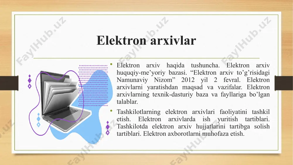 aqlanayotgan elektron hujjatlarga ilmiy-ma’lumotnoma apparatini to‘ldirib borish va takomillashtirish; elektron arxivning axborot resurslarini ichki, tashqi va tabiiy-texnogen ta’sirlardan saqlash; elektron arxivning axborot resurslaridan, shu jumladan alohida elektron hujjatlardan foydalanish tarixini kuzatish. asosiy adabiyotlar: 1. alimov i, ergashev f, butaev a. arxivshunoslik. o’quv qo’llanma – t.: sharq, 1997. 2. alimov i.a. arxivshunoslik. o’quv qo’llanma – andijon: adu, 2005. 3. boboqulov b. arxiv ishi nazariyasi va amaliyoti. o’quv qo’llanma. – t., 2011. 4. brjestovskaya n.v. arxivi i arxivnoe delo v zarubejnыx stranax. –moskva, 1971. 5. jumaev u. o’rta osiyo va o’zbekistonda arxiv ishi tarixi, o’zbekistonning asosiy arxivlari. – t., 2010. 6. hamidova m.s. arxiv ishi nazariyasi va amaliyoti. o’quv-uslubiy majmua. – t., 2011. 7. hamidova m.s., lutfillaev x. elektron arxiv asoslari. o’quv-uslubiy majmua. – t., 2011. e’tiboringiz uchun rahmat!!! image5.png image6.png image7.png image8.png image9.png image10.png image11.png image12.png image13.png image3.png image4.png