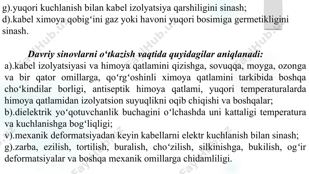 ir etuvchi ya’ni siltab yoki zarba bilan, ushbu xolatlarda izolyatsion material oʻzini qanday tutishi katta axamiyatga ega. yuzasi s boʻlgan material na’munasi asta sekin oʻsuvchi pp - tortuvchi kuch ta’sirida boʻlganda, namunani uzilishini tashkil etuvchi kuch ta’siridagi musaxkamlik chegarasi σ (sigma) quyidagicha aniqlanadi: σ = pp / s tortish kuchini aniqlash bilan bir vaqtda materialni nisbiy uzayishi xam aniqlanadi: λ= (∆ℓ / ℓ)*100 ℓ- namunani boshlangʻich uzunligi yoki qisqichlar orasidagi masofa; ∆ℓ- uzilishdan oldingi uzunlik yoki namunani absolyut uzayishi. ∆ℓ va ℓ bir xil birliklarda oʻlchanishi kerak. izolyatsion materiallarni egilishga musaxkamligi berilayotgan yuklamani tezligini ortishiga bogʻliq. shuning uchun egilishga statik va dinamik sinovlarda musaxkamlik chegarasi aniqlanadi. toʻgʻri toʻrt burchakli izolyatsion material uchun musaxkamlik chegarasi quyidagi formuladan aniqlanadi: σi =1,5(pi l/bh2) (paskal) bu yerda, pi –statik egilishdagi buzuvchi kuch, ( nyuton) l-tagiklar orasidagi masofa, (m) b- izolyatsion material eni, (m) h- izolyatsion material balanligi, (m) statik egilishga sinovlarni oʻtkazishda namunaviy izolyatsion …