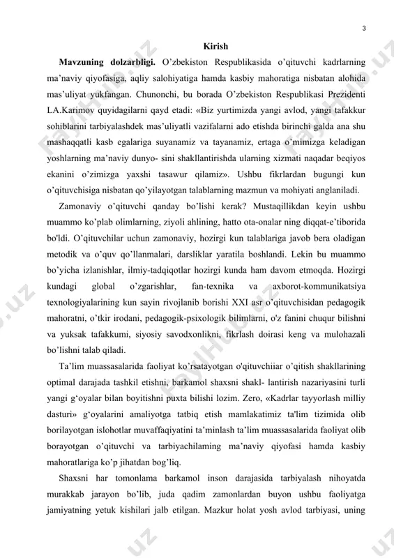 r shaxsdir. shunday ekan, o’qituvchining mazkur talablarga muvofiq keluvchi qiyo- fasi, uning o’quvchilar, hamkasblar hamda ota-onalar o’rtasidagi obro’- e’tibori hozirgi zamon talablariga mos bo’lishi shart. o’qituvchi barkamol avlod ta’lim-tarbiyasi uchun javobgar shaxs bo’lib, nafaqat ma’naviy-axloqiy madaniyati bilan atrofdagilarga o’rnak bo’lishi, shu bilan birga, pedagogik mahoratini ham namoyon eta olishi, yetuk o’qituvchi sifatida malakali kadrlarni tayy'orlash ishiga o’zining munosib hissasini qo’shishi zarur. pedagogik mahoratga ega bo’lish, o’qituvchi uchun ta’lim-tarbiya samaradorligini ta’minlovchi zamin bo’libgina qolmasdan, ayni vaqtda, uning jamiyatdagi obro’-e’tiborini ham oshiradi, o’quvchilarga nisbatan hurmat yuzaga keladi. kasbiy mahoratni oshirish yo’lida amaliy harakatlami tashkil etish pedagogik faoliyatda yo’l qo’yilgan yoki qo’yilayotgan xatolardan holi bo’lish, o’quvchiiar, hamkasblar hamda ota-onalar bilan munosabatda muvaffaqiyatlarga erishish imkoniyatini yaratadi. o’z davrlarida abu nasr forobiy, yusuf xos hojib, sa’diy sheroziy, abu rayhon beruniy, abu ali ibn sino, alisher navoiy, husayn voiz koshifiy, abdulla avloniy va boshqalar o’qituvchilik kasbi, uning mashaqqatlari, shuningdek, o’qituvchi shaxsida aks etishi zarur bo’lgan sifatlar …
