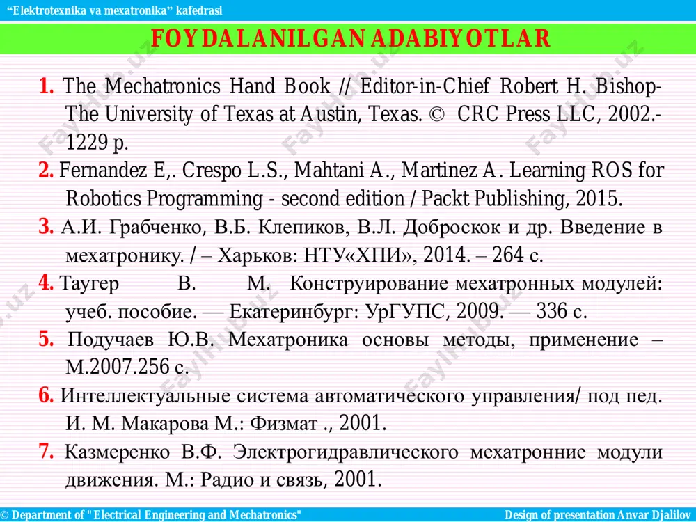 to'lqinli; to'liq qadamli; yarim qadamli ;kichik qadamli. «mexaironika» nima? © department of "electrical engineering and mechatronics" design of presentation anvar djalilov “elektrotexnika va mexatronika” kafedrasi mexatronikaning ishchi ta’rifi. * sinergiya unon. – “hamkorlik, ko’maklashish, yordam” ma’nosini anglatadi mexatronika - bu murakkab muhandislik tizimlarini boshqarish uchun sensorlarning (datchiklarning), aktuatorlarning (ijrochi mexanizmlarning), signallarning, elektronikaning, qaror qabul qilish va boshqaruv algoritmlarining hamda kompyuter texnikasi va dasturlarining sinergetik* birlashuvidir. «mexaironika» nima? © department of "electrical engineering and mechatronics" design of presentation anvar djalilov “elektrotexnika va mexatronika” kafedrasi «mexatronika» atamasi 1969 yilda yaponiyada paydo bo’lgan. atama muallifi tetsuro mori – «yaskawa electric» kompaniyasining bosh muhandisi bo’lgan. “mexanika” va “elektronika” so’zlari birlashuvidan paydo bo’lgan: «mexanika» va «elektronika». bu termin elektron yarimo’tkazgichli o’zgartkichlar bilan boshqariladigan, elektrodvigatelli elektromexanik moslama,mashina va agregatlarning ishchi organlarini harakatga keltirishni ta’minlash uchun kiritilgan hamda “mexanika” va “elektronika” so’zlar kombinatsiyasini taqdim etgan. mashina va agregatlarning ishchi organlarini ishga tushirish uchun elektr energiyani mexanik energiyaga …