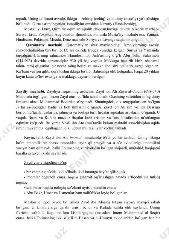 shni davom ettirish tarafdori bo’lgan bir guruh shialar 6 – imom ja’far sodiqning katta o’g’li ismoil atrofiga jipslashadilar. ix asr oxiriga kelib ismoiliy oqimi mustaqil mazhab sifatida tashkil topadi. uning ta’limoti avvalo, ikkiga – zohiriy (ochiq) va botiniy (maxfiy) yo’nalishiga bo’linadi. o’rta asr mobaynida ismoiliylar orasidan nazariy (hashshoshiy), musta’liy, druz, qirmitiy oqimlari ajralib chiqqan,hozirgi davrda nizoriy mazhabi suriya, eron, pokiston, avg’oniston shimolida, pomirda musta’liy mazhabi esa, yaman, hindiston, pokiston, misrda, druz mazhabi suriya va livanga saqlanib qolgan. qaromatiy mazhabi. qaromatiylar shia mazhabidagi ismoiylarning asosiy shaxobchalaridan biri bo’lib, ix asr oxirida iroqda vujudga kelgan, suriya va yamanda tarqalgan. ularning rahnamosi hamdosh ibn ash’asning o’g’li abu tohir sulaymon (914-943) davrida qaromatiylar 930 yil haj vaqtida makkaga bostirib kirib, shaharni talon- taroj qilganlar, bir necha ming hojini va makka aholisini qatl etib, asrga olganlar. ka’bani vayron qilib, qora toshni ikkiga bo’lib, bahroinga olib ketganlar. faqat 20 yildan keyin katta to’lov evaziga u makkaga …