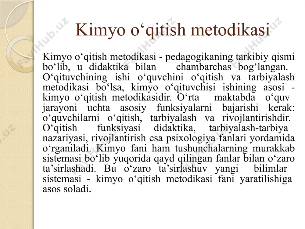 belgilanadi. 1. o‘quvchilarga kimyo asoslarini ochib berish va ular tomonidan kimyo asoslarini ongli ravishda o‘zlashtirilishini ta’minlash. 2. qishloq xo‘jaligi ishlab chiqarishining kimyoviy asoslarini ochib berish. 3. o‘quvchilarga kimyo sanoatining yutuqlarini va ularni qaysi yo‘lda rivojlantirishini ko‘rsatib berish. 4. kimyoning eng yangi yutuqlaridan butun amaliy hayotimizda qanday foydalanayotganligiga o‘quvchilar e’tiborini jalb etish. 5. o‘quvchilarga hayotda zarur bo‘ladigan o‘quv va malakalar berish. 6. o‘quvchilarning fikrlashini rivojlantirish, mustaqillikka, bilim olishda faol qatnashishni o‘rgatish kerak. /docprops/thumbnail.jpeg