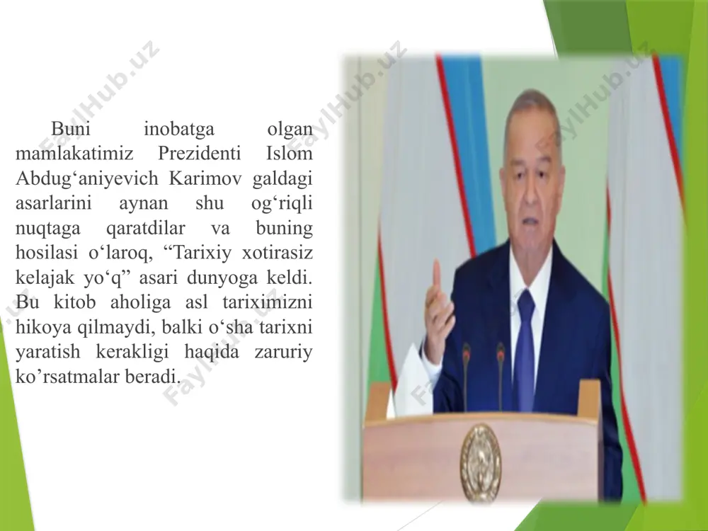 ku fayzini, mahobatini yo’qotmagan osori atiqalarimiz qadim-qadimdan yurtimizda dehqonchilik, hunarmandchilik madaniyati, me’morchilik va shaharsozlik san’ati yuksak bo’lganidan dalolat beradi. beshafqat davr sinovlaridan omon qolgan, eng qadimgi toshyozuvlar, bitiklardan tortib, bugun kutubxonalarimiz xazinasida saqlanayotgan 20 mingdan ortiq qo’lyozma, ularda mujassamlashgan tarix, adabiyot, san’at, siyosat, axloq, falsafa, tibbiyot, matematika, fizika, kimyo, astronomiya, me’morchilik, dehqonchilikka oid o’n minglab asarlar bizning beqiyos ma’naviy boyligimiz, iftixorimizdir. ota-bobolarimizning asrlar davomida to’plagan hayotiy tajribalari, diniy, axloqiy, ilmiy qarashlarini o’zida mujassam etgan bu nodir qo’lyozmalarni jiddiy o’rganish davri keldi. chunki, o’zingizga ma’lum, sho’rolar zamonida tarixiy haqiqatni bilishga intilish rag`batlantirilmas edi, hukmron mafkura manfaatlariga xizmat qilmaydigan manbalar xalq ko’zidan iloji boricha yiroq saqlanardi. ikkinchi masala shundan iboratki, biz komil inson tarbiyasini davlat siyosatining ustuvor sohasi deb e’lon qilganmiz. komil inson deganda biz, avvalo, ongi yuksak, mustaqil fikrlay oladigan, xulq-atvori bilan o’zgalarga ibrat bo’ladigan bilimli, ma’rifatli kishilarni tushunamiz. ongli, bilimli odamni oldi-qochdi gaplar bilan aldab bo’lmaydi. u har bir narsani …