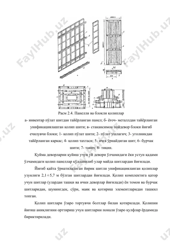 н ости пойдевори қолип блоки. ташқи шитлар эса ўзаро арматура сими билан бойлаб тортилади, бу эса қолипни кенгайиб кетиш олдини олади. бундай қолиплар жойида йиғилади. пойдевор стакани ичи қолипи устки қолип распоркасига осилган холда мих ёрдамида қотирилади. қолипга бино ўқлари ўтказилади. худди шундай ўқлар пойдеворни стаканига хам туширилади. йирик поғонали пойдеворлар қолиплари металлдан тайёрланган блок форма тарзида бўлиб, (расм 2.5.б ва в) кран ёрдамида бетон тўшама устига ўрнатилади. агар пойдеворга йиғма темирбетон устун ўрнайдиган бўлса охирги поғонага устун уячаси махсус металдан ёки ёғочдан қолип қилиб ўрнатилади. агар пойдевор жуда энли бўлиб, остки поғонаси икки қават арматураланган бўлса, у холда қолип пўлат листлар уголниклар билан қотирилиб тайёрланиб ўрнатилади. йирик панелли ёғоч шитли қолиплар кран ёрдамида ўрнатилиб, ичидан распорка, ташидан эса тиргак ўрнатилиб йиғилади. агар пойдевор баланд бўлса уни икки ярусда қолип ўрнатиб қўйиш мақсадга мувофиқдир. устунлар қолипи – ёғоч шитни ёки унификацияланган пўлат шунингдек, сувга чидамли фанерадан йиғиб ўрнатиш мумкин. қолипни …